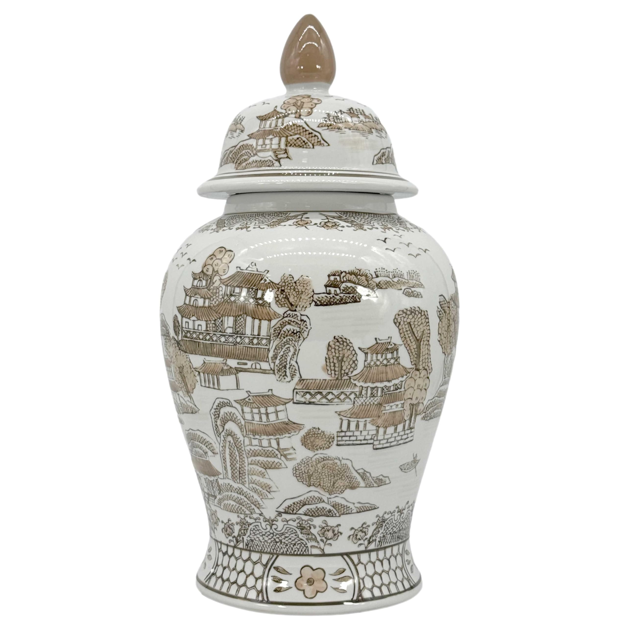 Blue and White Ginger Jars: 8 Heirloom Chinoiserie Picks 2 Galt International Brown White Floral Chinoiserie Ceramic Temple Jar 18 Inch