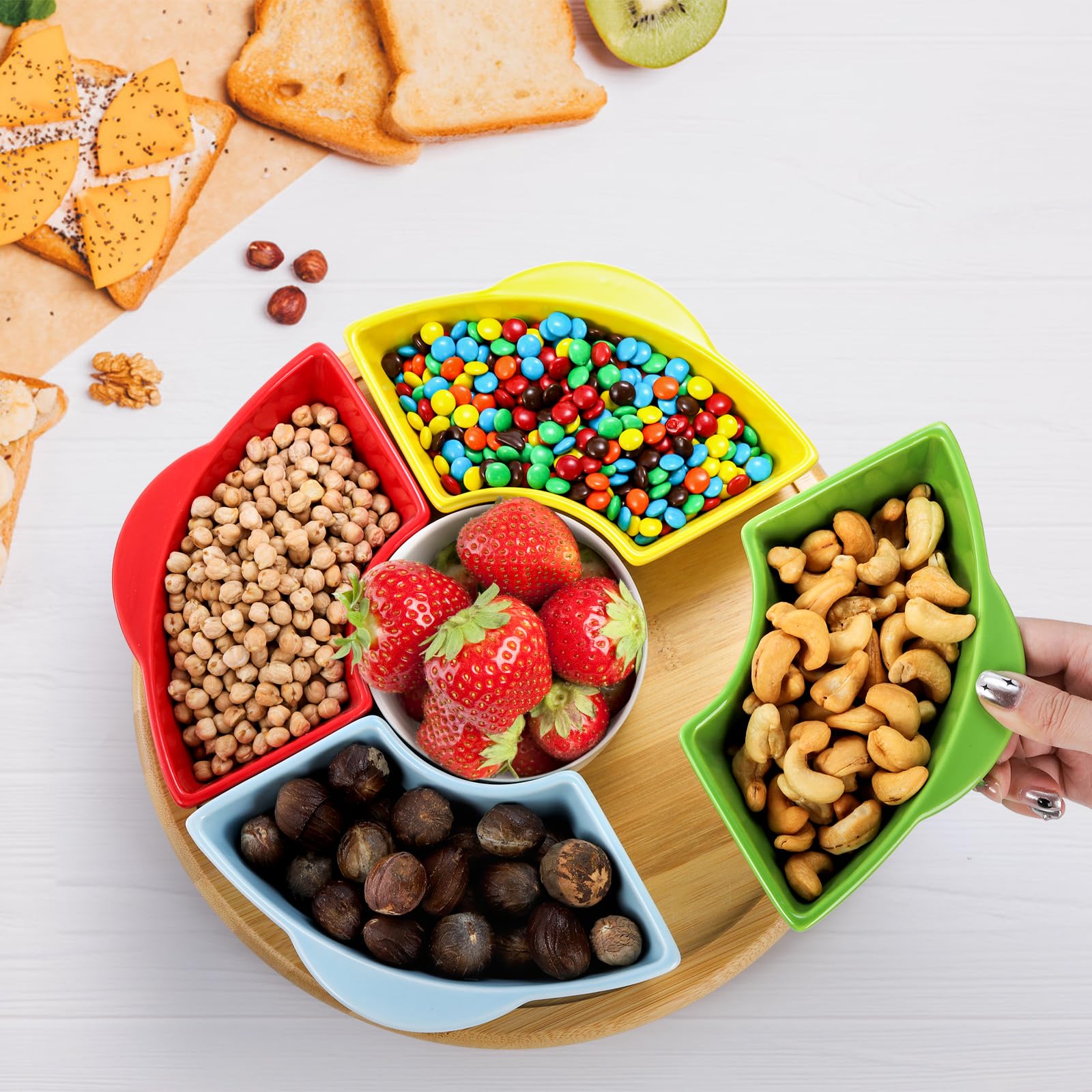 Lyellfe Porcelain Divided Serving Dish Lazy Susan, 11 Inch 360° Rotatable Appetizer Serving Tray Platter, Colorful Relish Tray, 5 Removable Bowl for Chip Dip, Snack, Nut, Candy