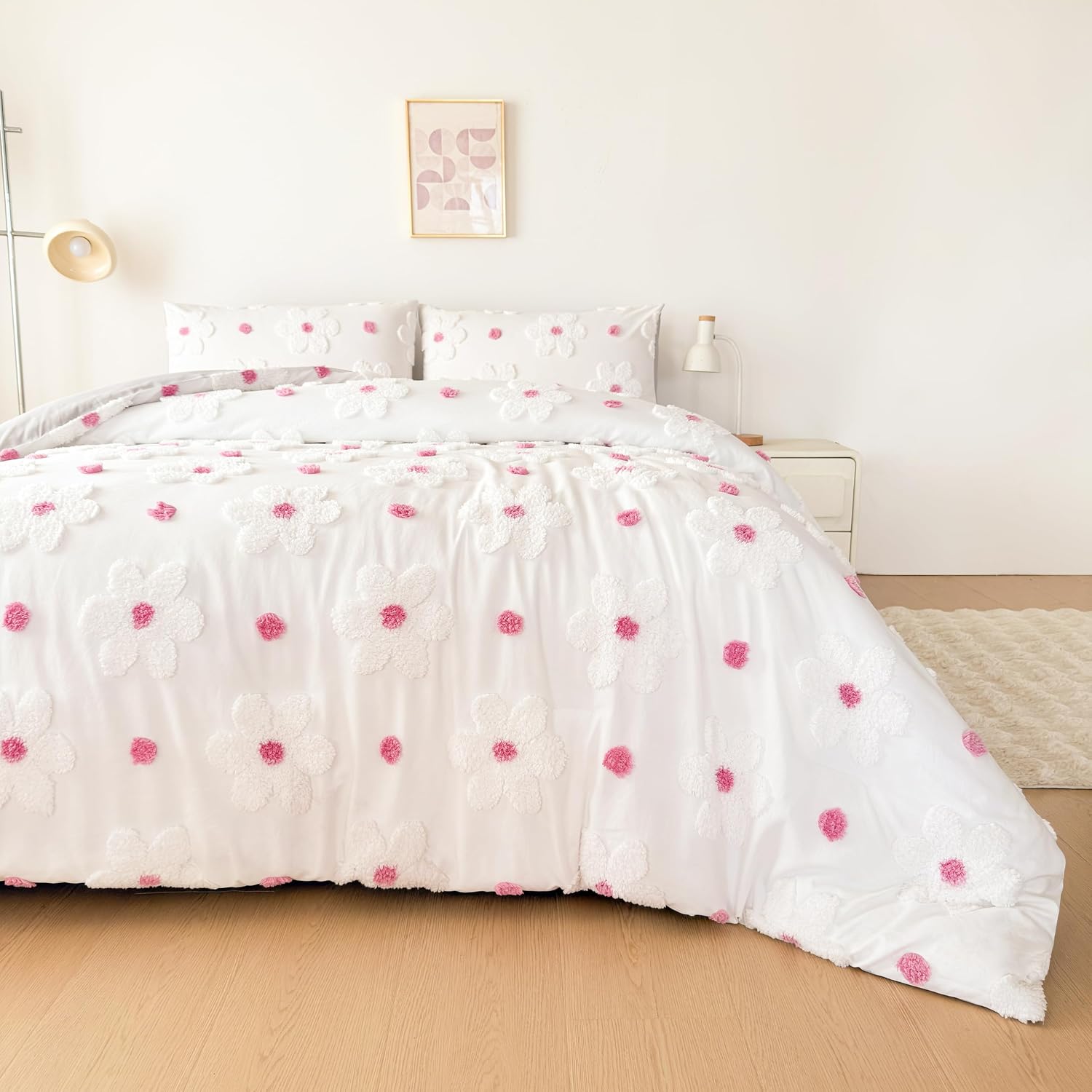 Floral Bedding Set for Girls - Soft 3D Daisy Embroidery Queen Comforter Set for Girls, Pink & White Cute Decorative Queen Bedding Set, All-Season Girls Comforter Set