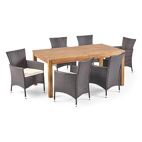 Outdoor Acacia Wood 7 Piece Multi-Brown Wicker Dining Set with