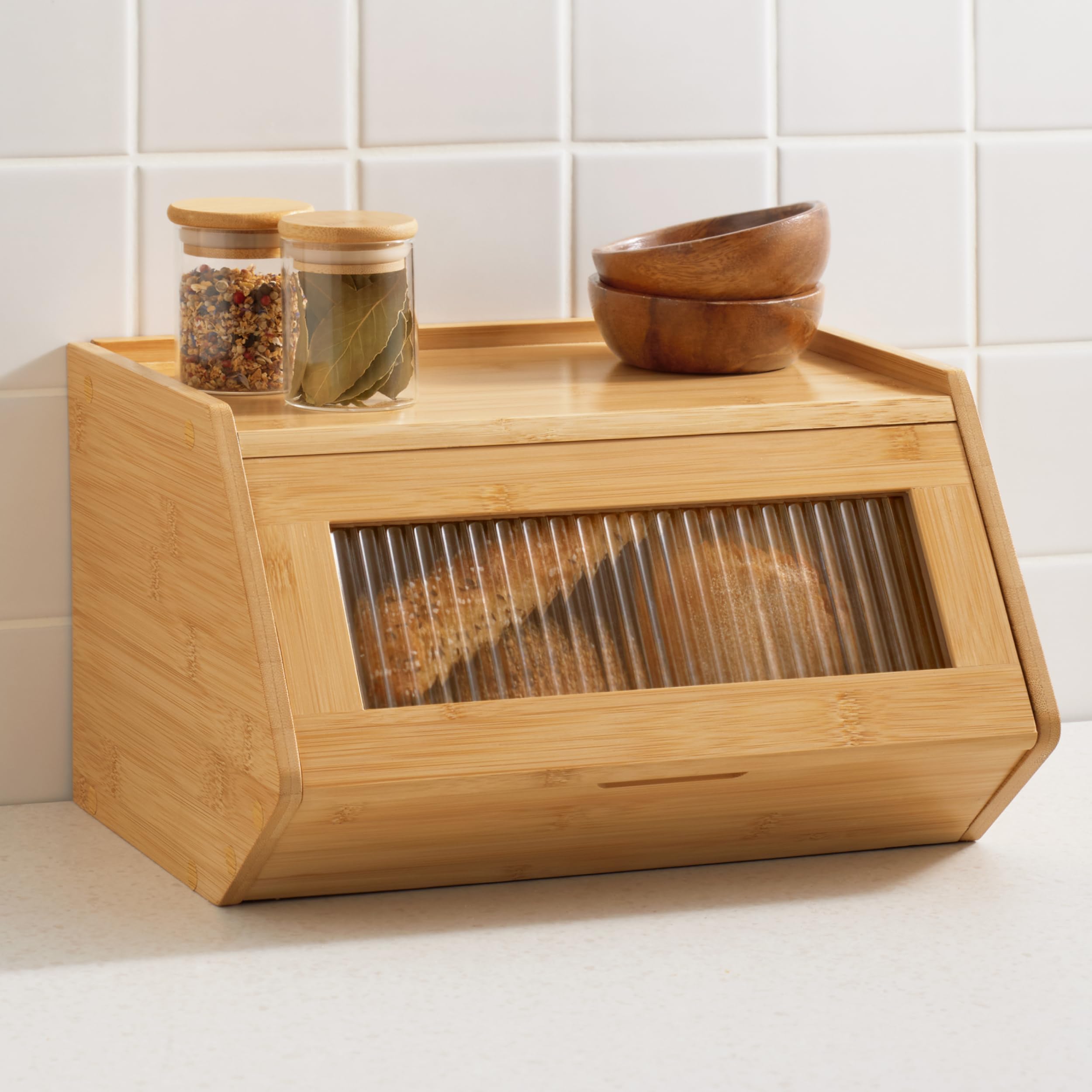 Praknu Wooden Bread Bin – Small Bread Box 33×26.5 cm with Extra Shelf – Robust Bread Box & Bread Bins for Kitchen – Space-Saving Breadbin that Keeps Bread Fresher for Longer