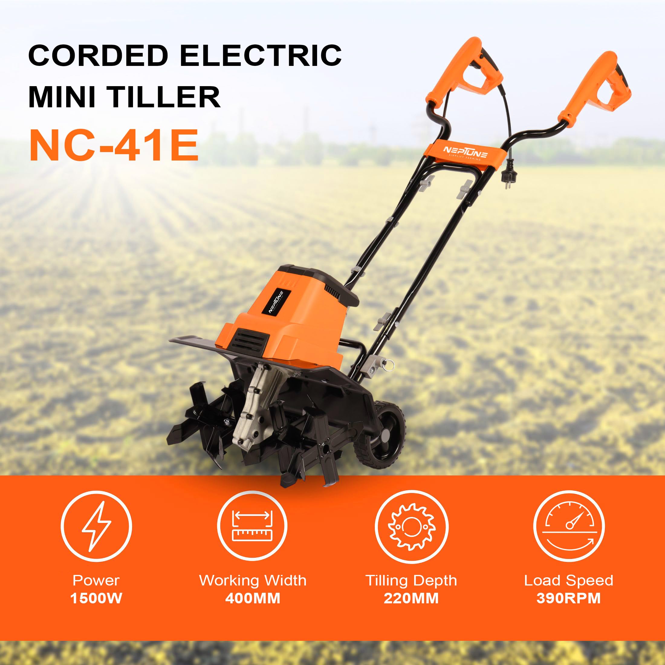 Neptune Simplify Farming NC-41 Electric Mini Portable Tiller | 1500 Watts, Working Width 32-45CM, Depth 22CM | Cultivator, Weeder, Rotavator | Ideal for Soil Loosening and Digging - Image 3 thumbnail