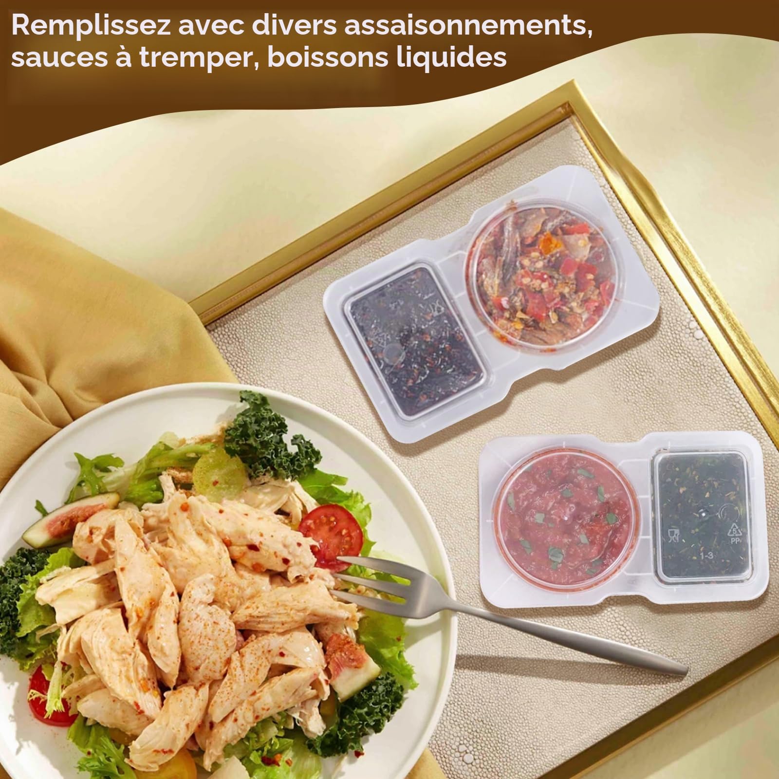Reusable on the Go Snack Containers, Contenants Plastique avec 2 compartiments, Petits récipients à condiments Boîte à condiments à compartiments Double Compartment Condiment Container