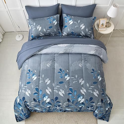 Miniatura 3 de Juego de edredón floral azul tamaño matrimonial de 7 piezas con hojas degradadas botánicas azul marino, juego de ropa de cama ultra suave de