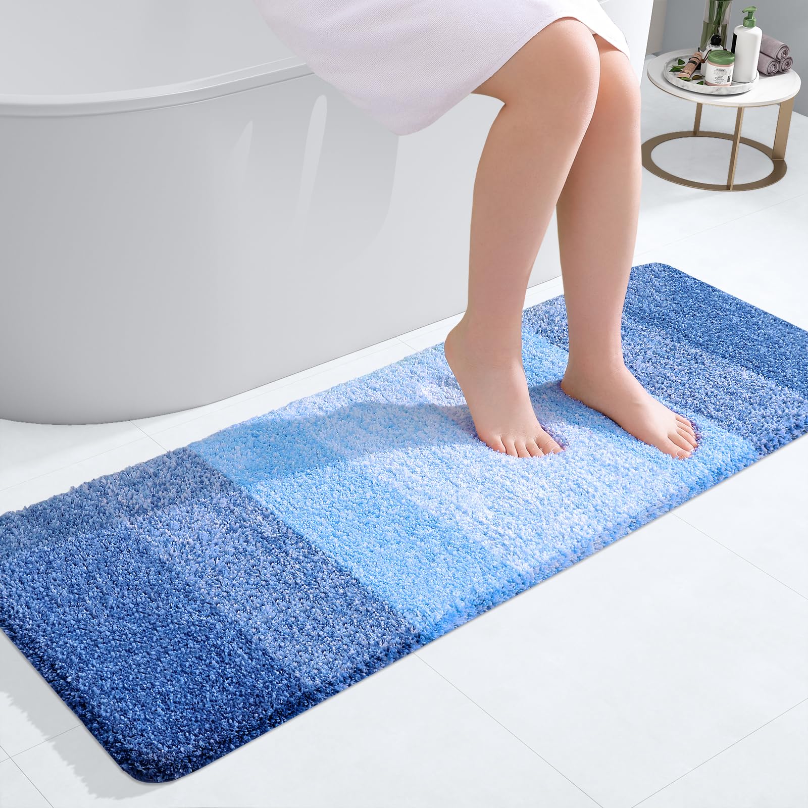 OLANLY Bathroom Runner Rug 47x17, Extra Soft Absorbent Microfiber Bath Rugs | Light Royal Blue, Non-Slip Quick-Drying Rubber Backing, Washable Long Bath Mat for Floor, Tub and Shower, Home Decor