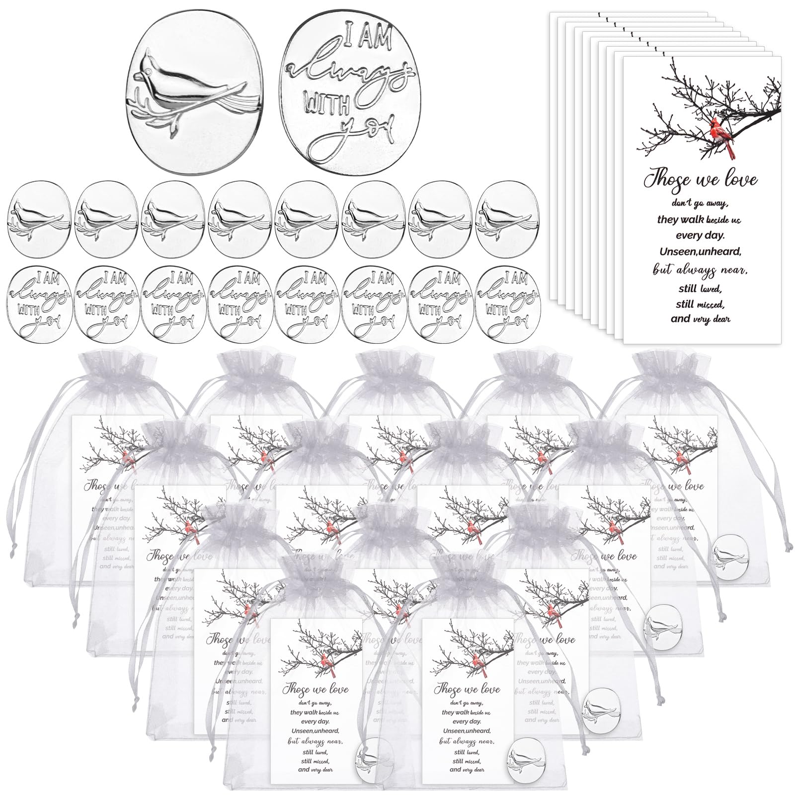 50 Sets Funeral Favours Cardinal Memorial Gifts Pocket Hug Token with Prayer Card & Organza Bag Memorial Cardinal Celebration of Life Funeral Thinking of You Gifts & Keepsakes for Loss of Loved One