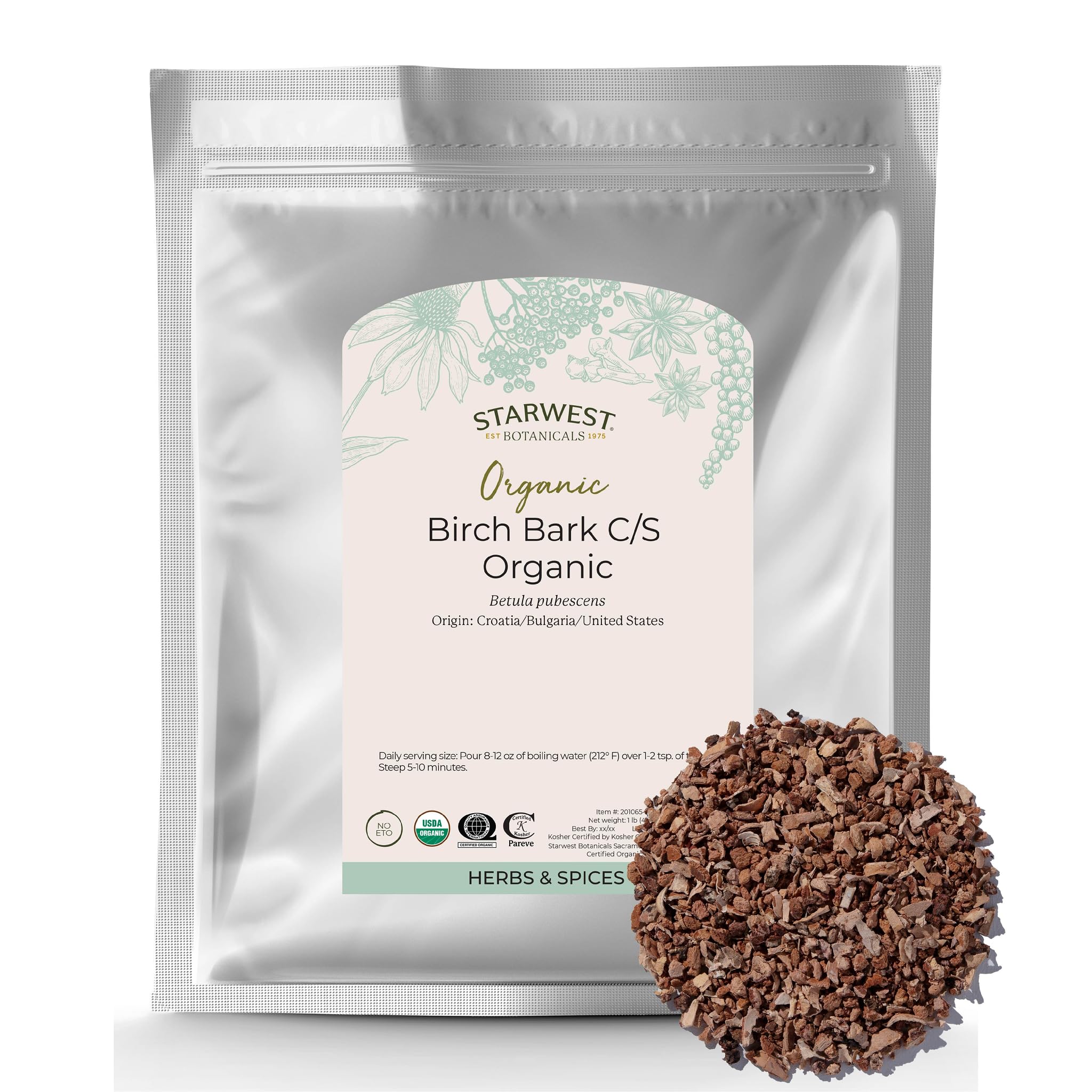 Starwest BotanicalsOrganic Birch Bark - Dried Herb for Tea & Natural Herbal Blends, Pure Betula Pubescens, Cut & Sifted, Certified Kosher, Non-GMO - Bulk 1 lb BagUSDA Organic