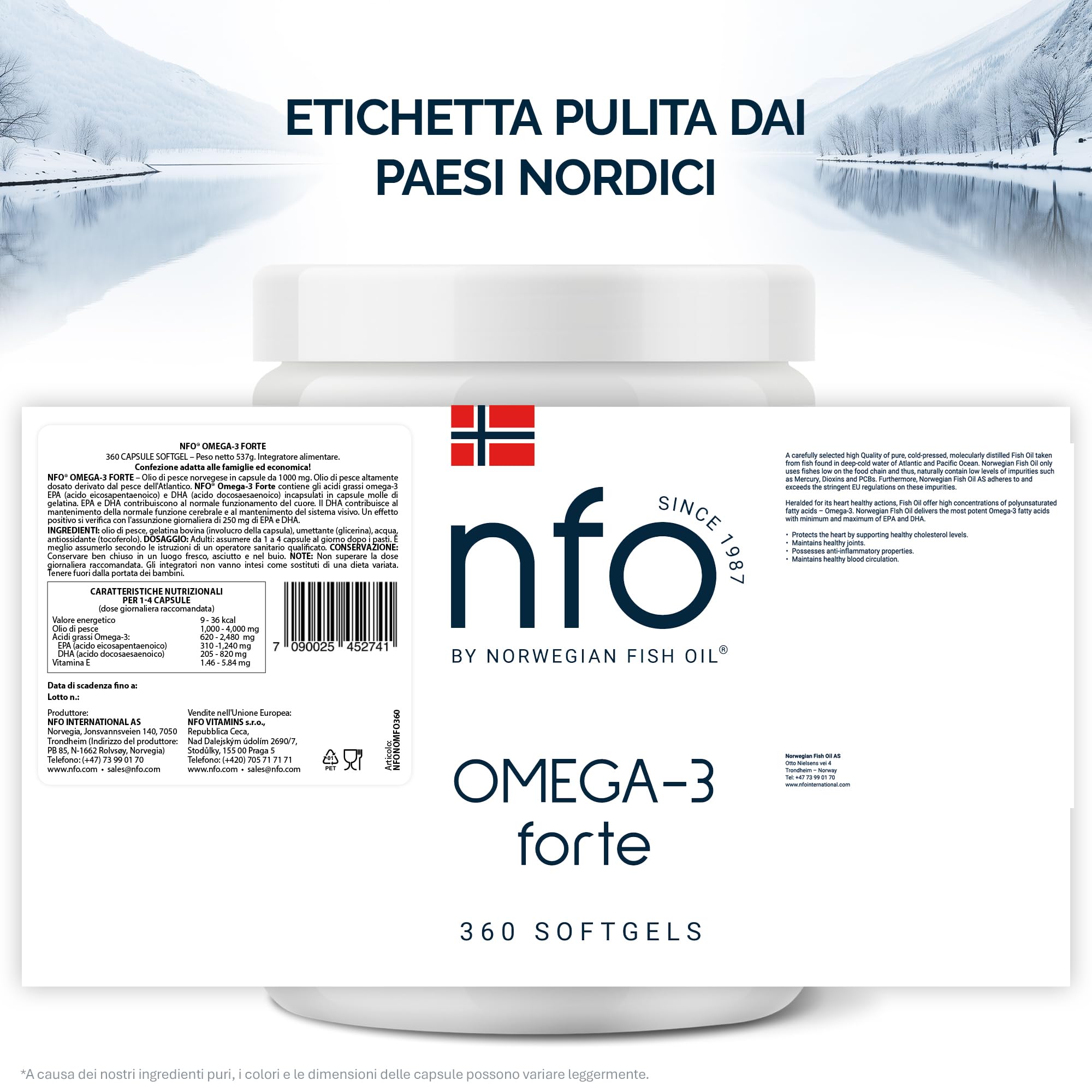 NFO Omega 3 Forte [360 capsule] Confezione Famiglia, Olio di Pesce Norvegese ad Alta Concentrazione di EPA:Formula DHA con Complesso Naturale di Vitamina E per Adulti e Bambini +3 Anni Prodotto in