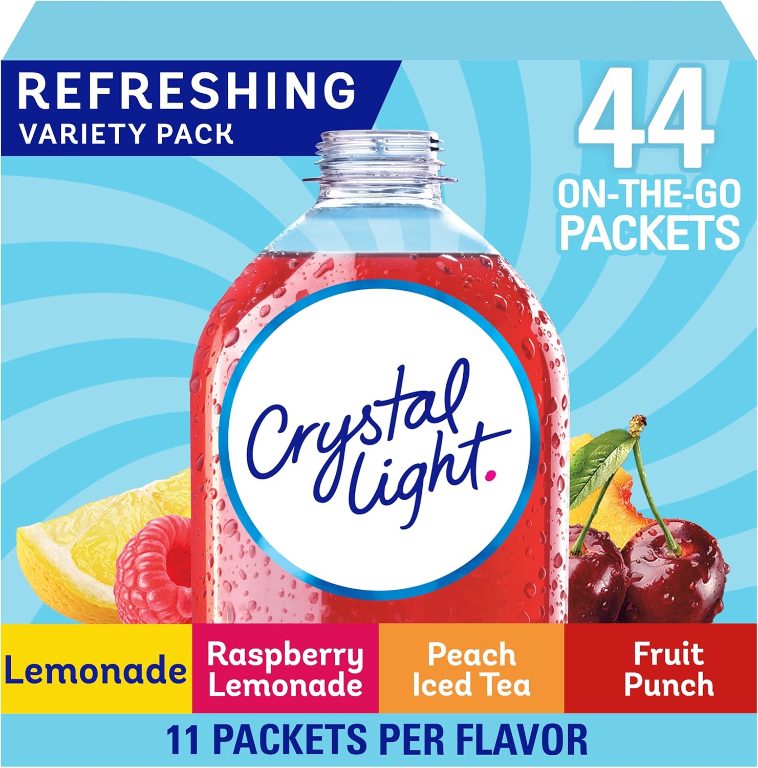 Crystal Light Lemonade, Raspberry Lemonade, Peach iced Tea, & Fruit