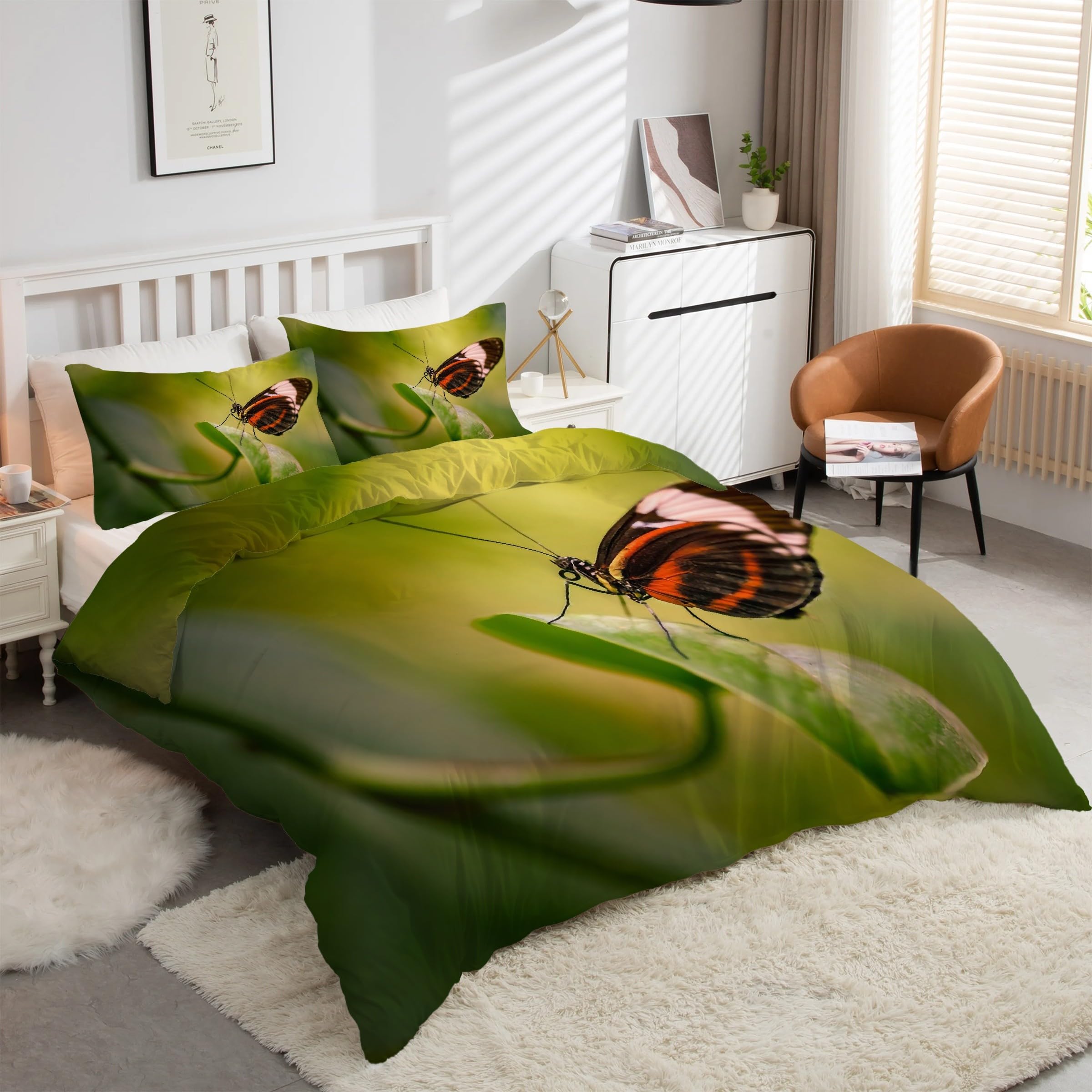 Housse de couette 90x190 papillon avec 2 taies d'oreiller, parure de lit verte en microfibre douce