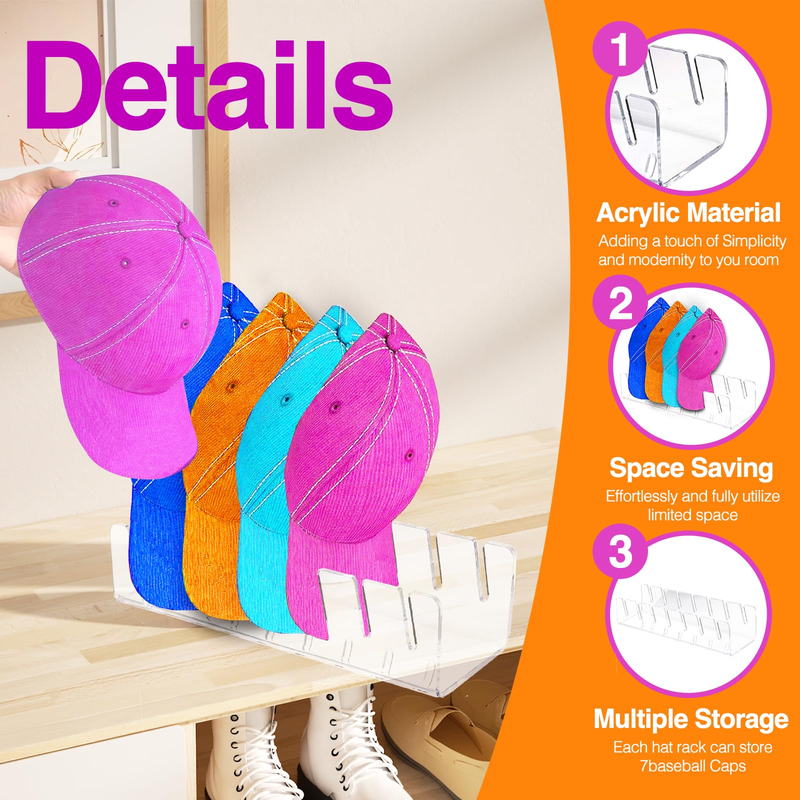 JIANGLIA Hat Stand - Acrylic Baseball Cap Display Holder, 14 Caps, No Install 2 Pcs(Clear) - Image 3