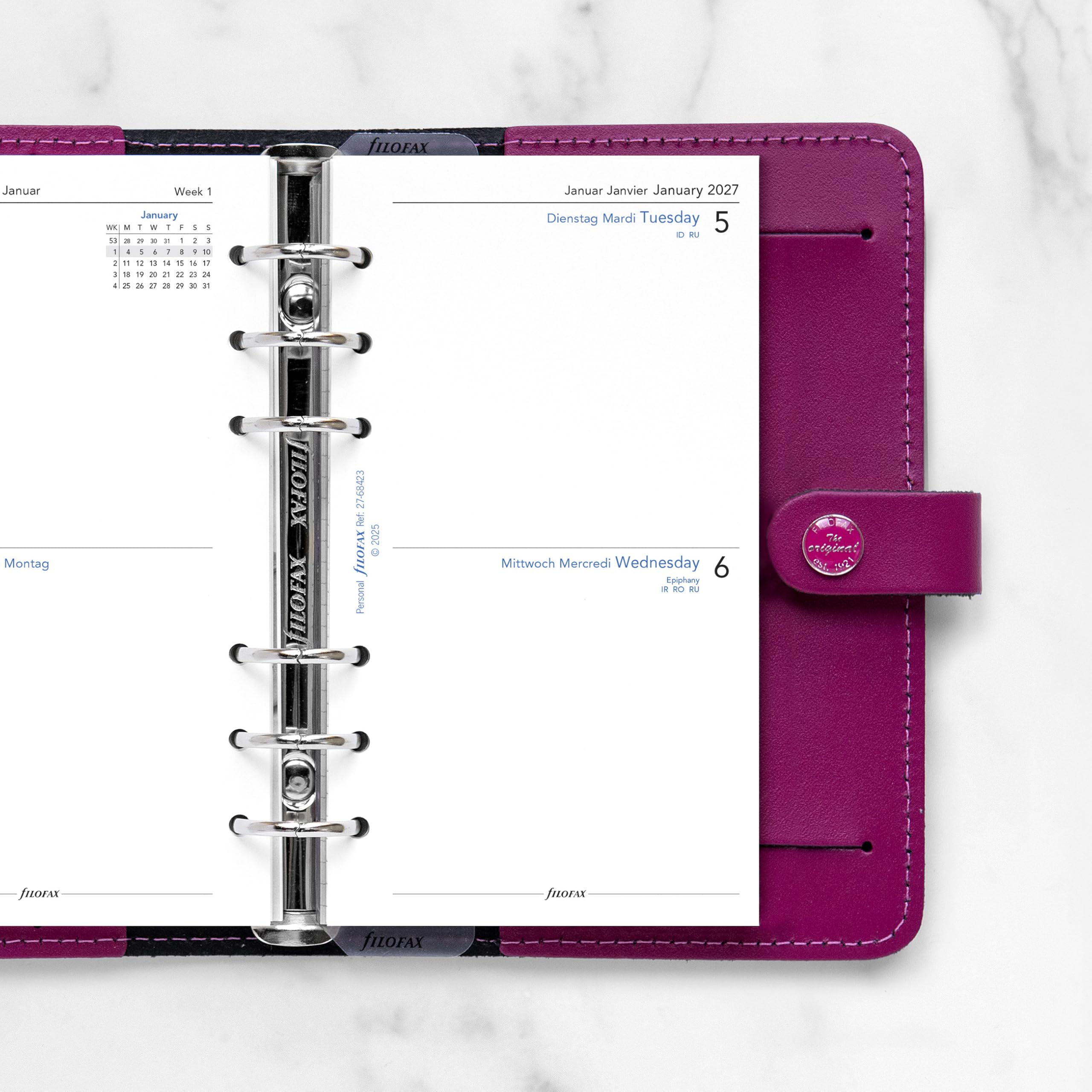 Filofax Recharge pour agenda 2027 format personnel/compact, deux jours sur une page, papier blanc, non ligné, trilingue (C68423-27)