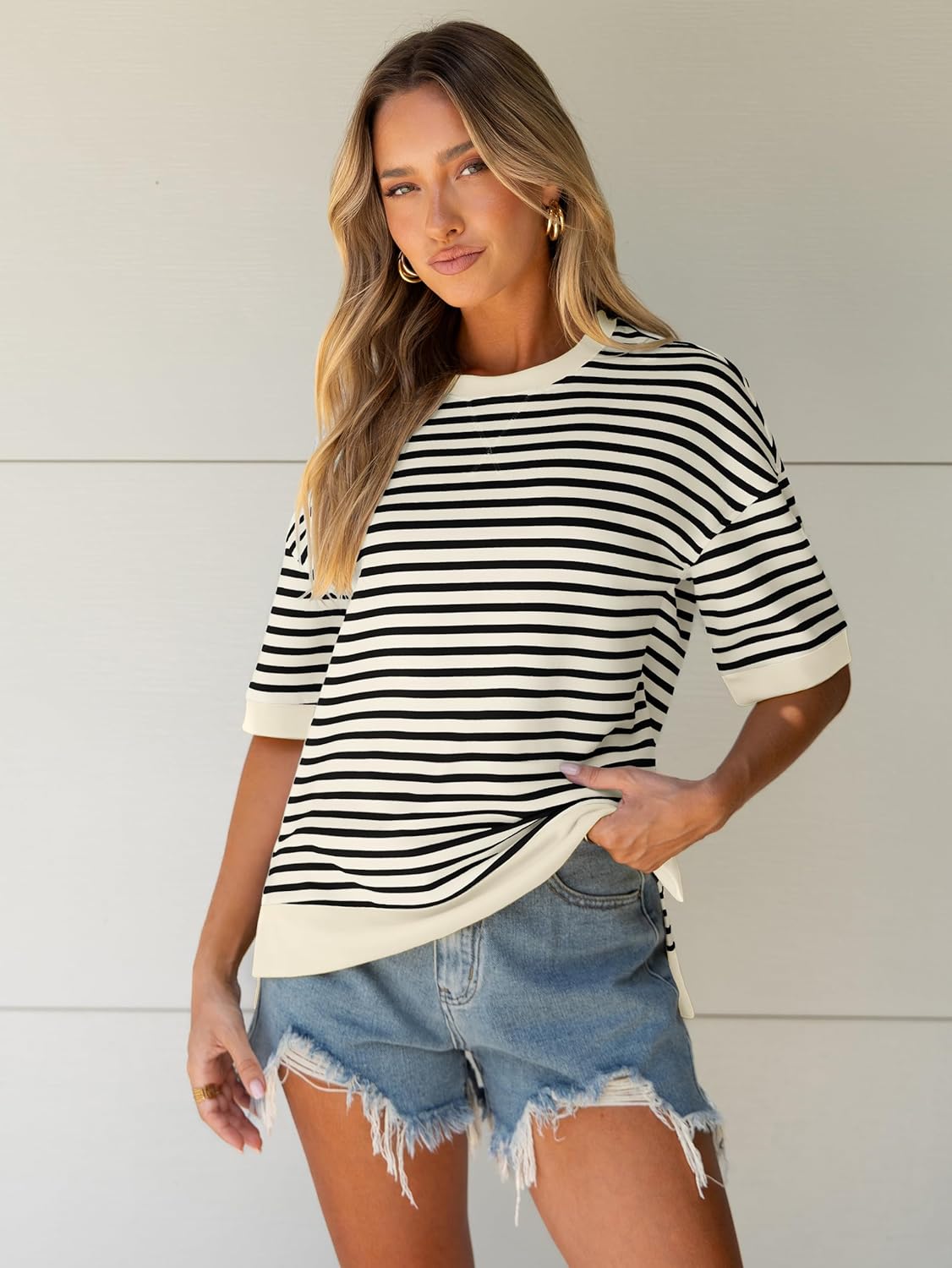 Glamaker Short Sleeve Lightweight Sweatshirt for Women Crewneck Striped Shirt Pullover Tops Loose Blouses - Image 6