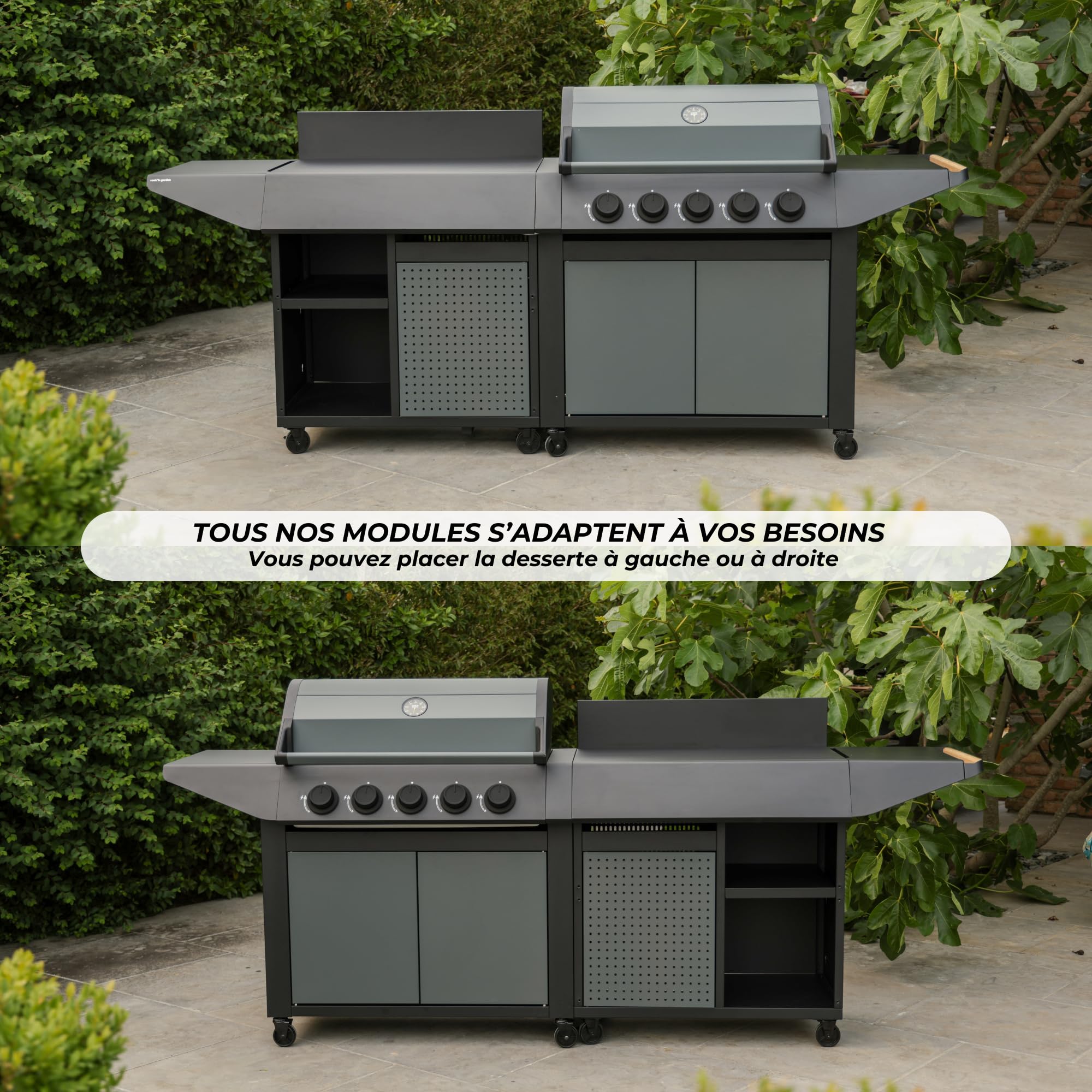 Cook'in Garden - Cucina Esterna Gas BURN, Barbecue con Desserte integrato, 5 Bruciatori, Termometro incorporato, Spazio aggiuntivo, Struttura in Acciaio, Ideale per 12 commensali