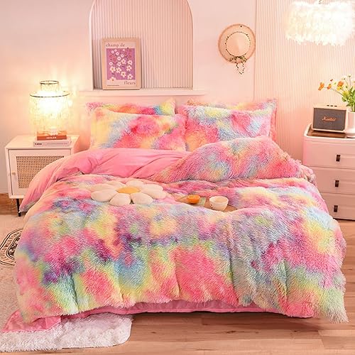 ZIQINPSQ Plush Shaggy Duvet Cover Set,Tie Dye Faux Fur Bedding Set for Teens Girls Soft Velvet Fluffy Fuzzy Comforter Cover Bed Set (Pink, Double) - Double - Pink