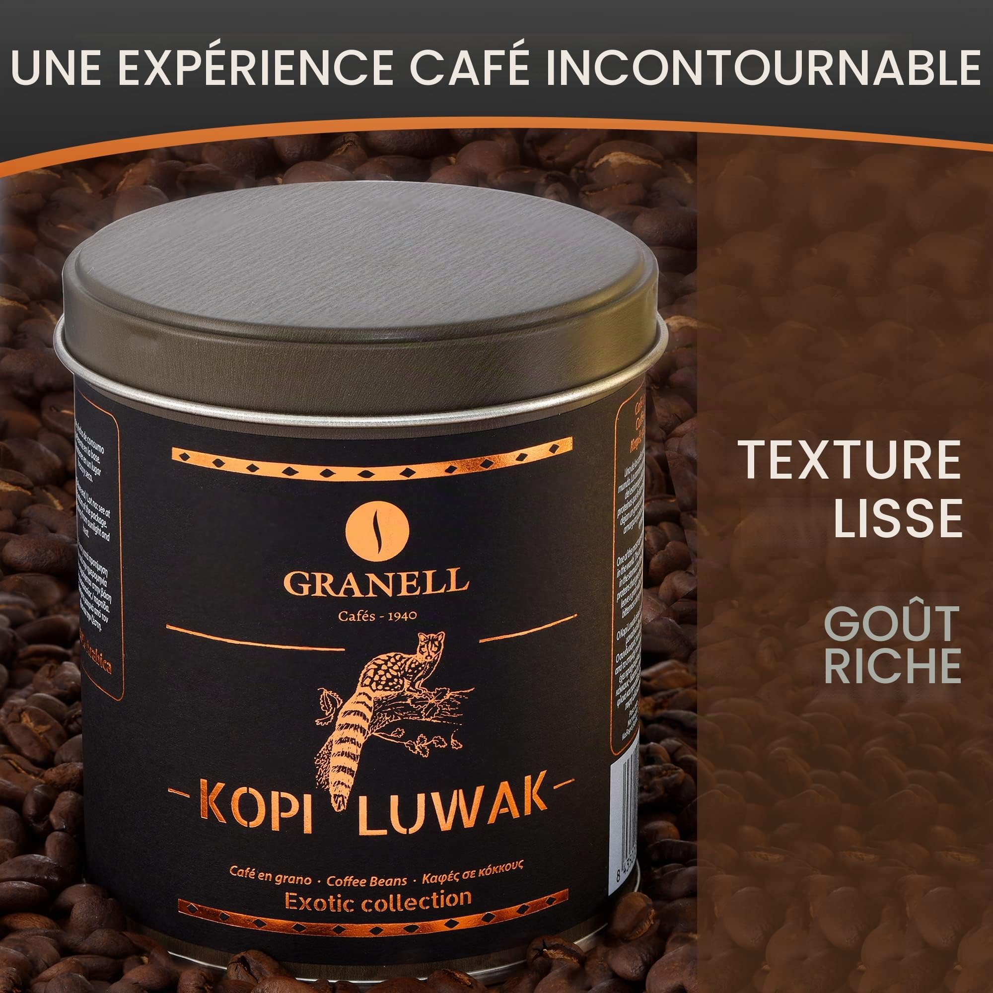 Granell - Kopi Luwak | Café en Grain 100% Arabica | Café Gourmet à l'Arôme et à l'Amertume Marqué, Premium - 100 gr