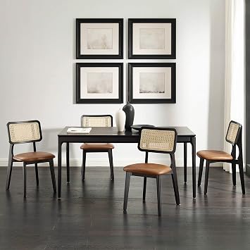 Rattan Dining Chairs Set of 4 - Mid Century Modern Genuine Leather Kitchen Chairs, Farmhouse Dining Room Chairs with Rattan Back, Armless Side Chairs with Ash Wood Frame, Brown