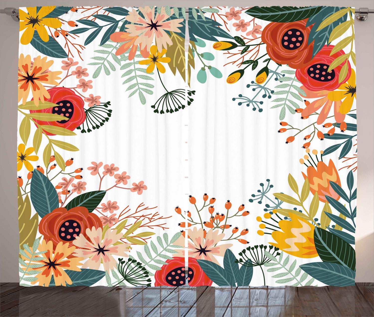 Ambesonne Floral Curtains, Vintage Exotic Summer Flowers Botanical Natural Framework Colorful Art Illustration, Living Room Bedroom Window Drapes 2 Panel Set, 108" X 108", Amber