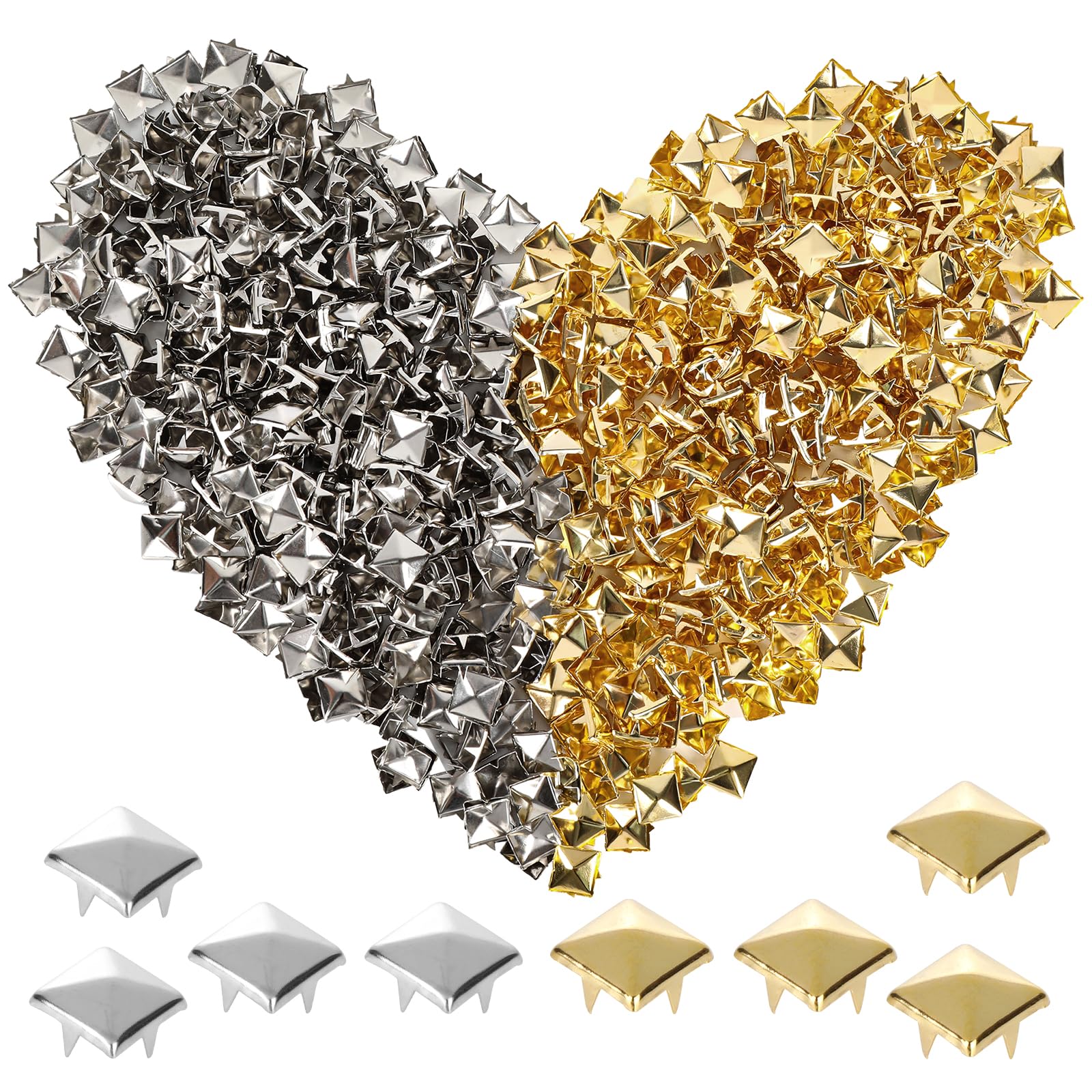 600 PCS Square Pyramid Studs, 10mm Studs for Clothing, Gold Silver Metal Stud, Nail Square Stud for Shoes, Bags, Punk DIY Decoration
