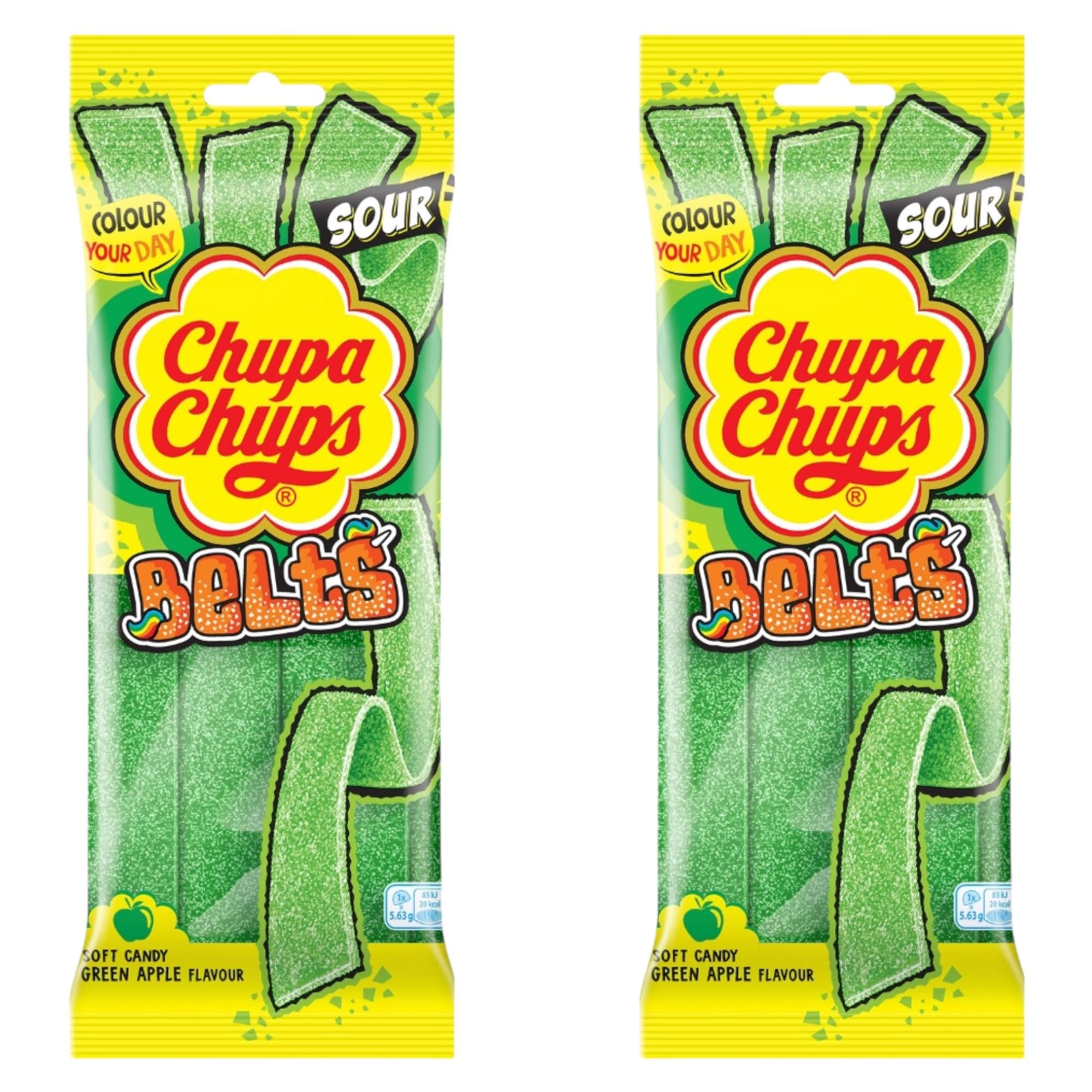Chupa Chups Belts Sour Apple Fizzy Sugar Coated Gummy Strips Sweets 90g - 2x Share Bags