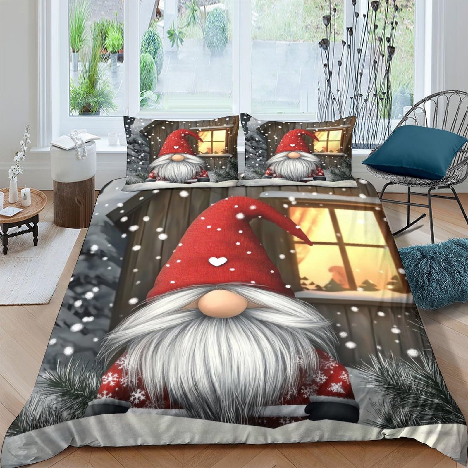 Ctjqhvkz Style-4 3D Printed Christmas Gnome Fitted Sheet Microfiber Soft Red Hat Snow Window Bed Cover For Bedroom Guest Room Decor Single（135X200cm）