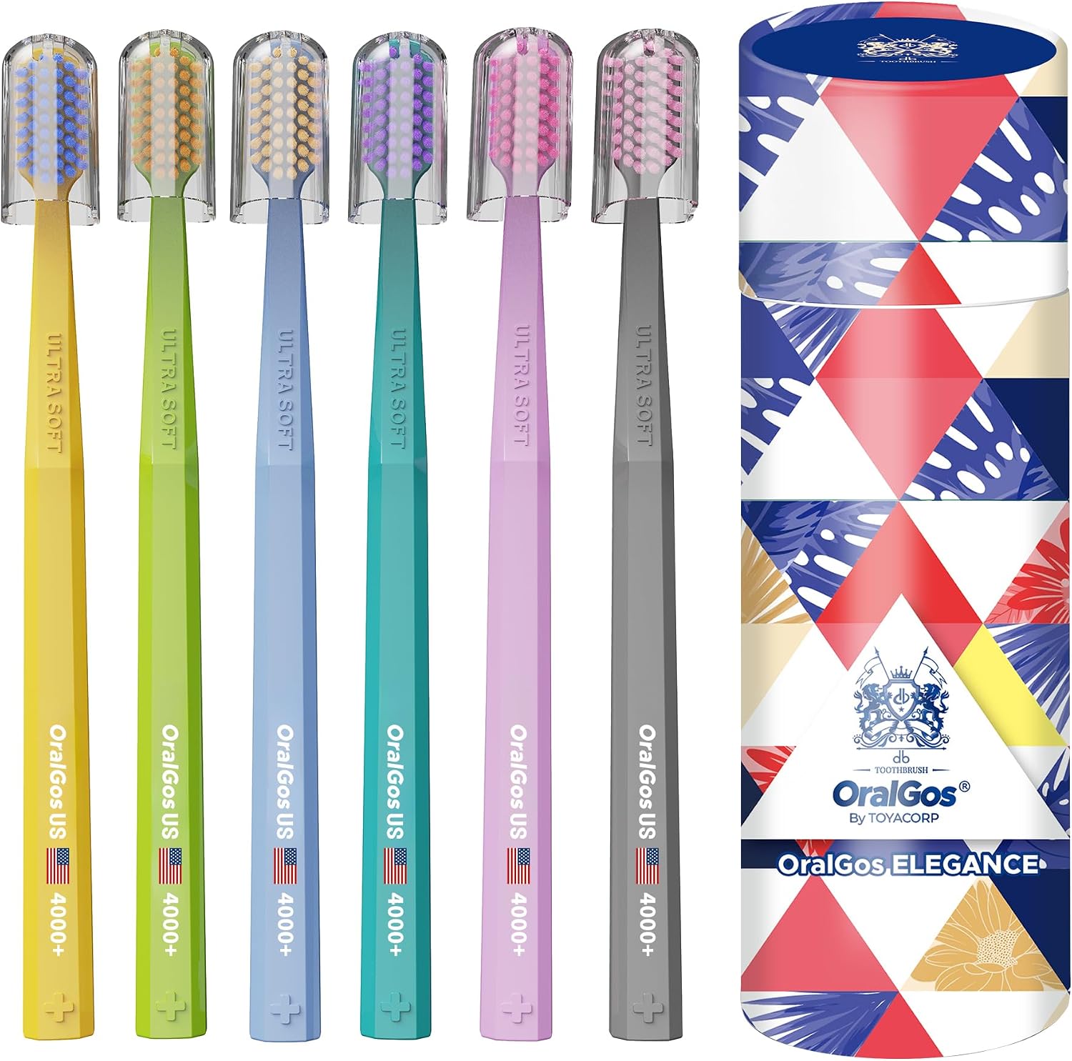 OralGos Escova de Dentes Premium Kit 6 unidades, Cerdas Ultra Macias, com Protetor de Cerdas, Design Colorido, Suave para Gengivas, Ideal para Presente e Uso Diário, Portátil Embalagem Luxo em Tubo