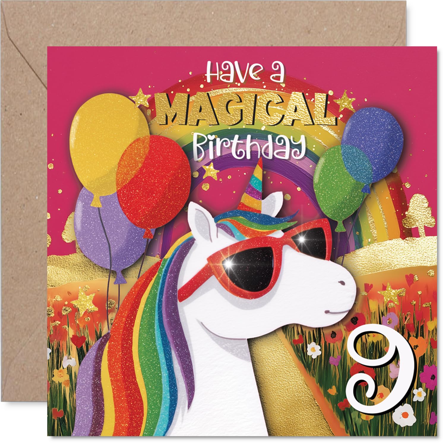 Playful 9th Birthday Card - Sparkle and Laughter All Round - Sunglasses-wearing Unicorn with Balloons and Rainbow - Bursting with Birthday Magic - 145mm Square, Envelope Included