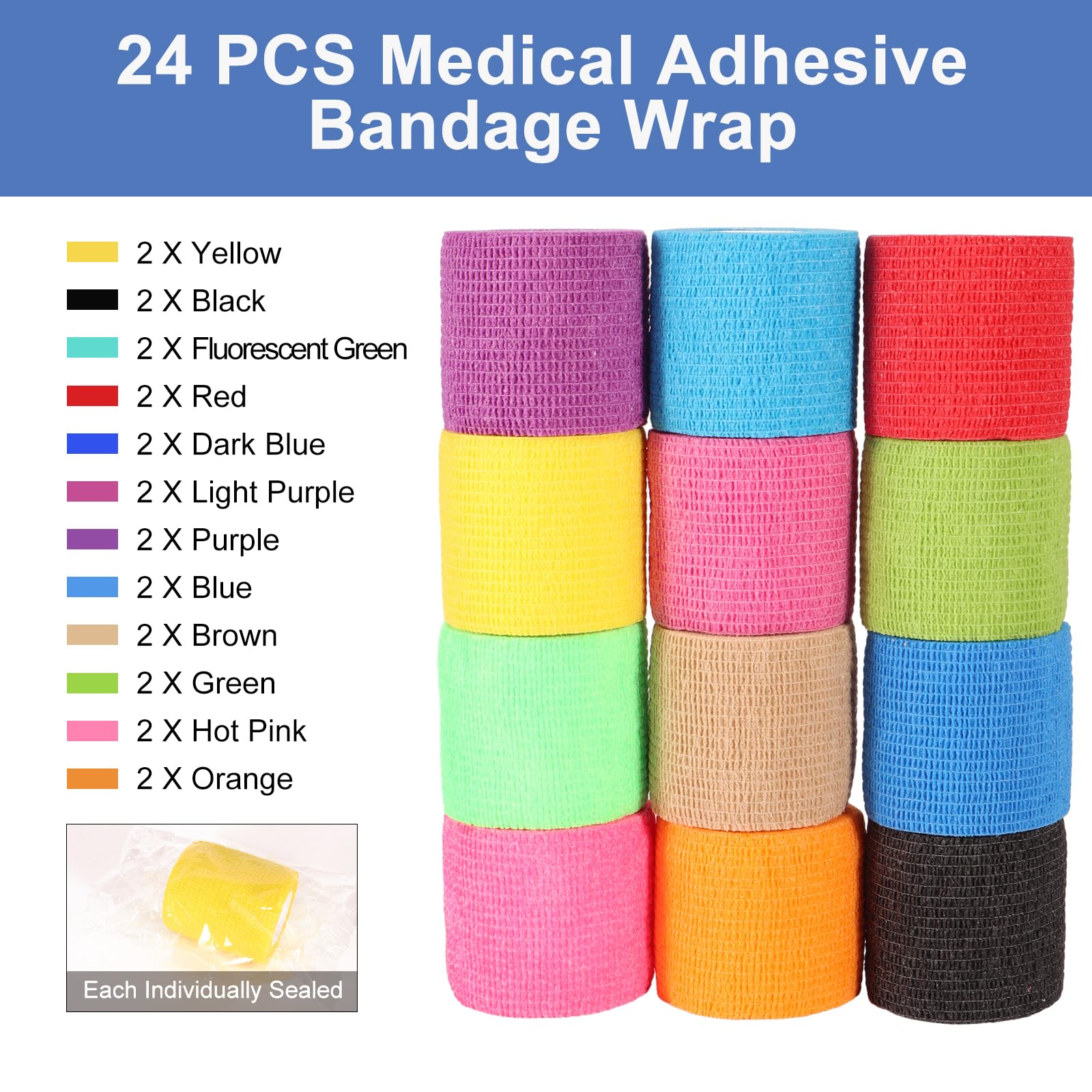 24 Stück 5,1 cm selbstklebende Bandagen, Tierärztliche Bandage für Hunde und Pferde, kohäsives elastisches Band für athletischen Sport, medizinische Erste Hilfe, Knöchelverstauchungen,