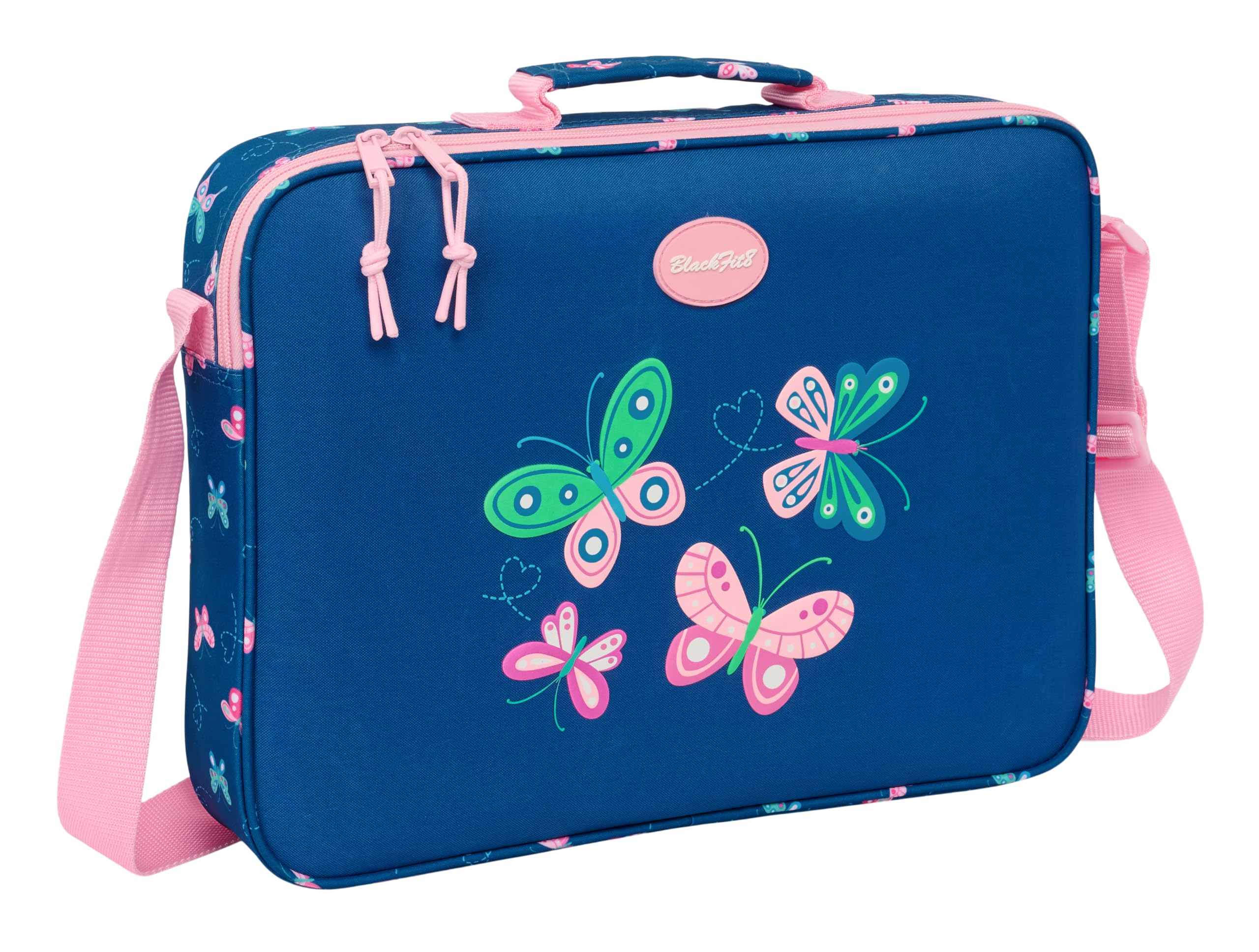 BLACKFIT8 MARIPOSAS - Cartera Extraescolares, Maletín Portatodo, Bandolera, Cómoda y Versátil, Calidad y Resistencia, 38x6x28 cm