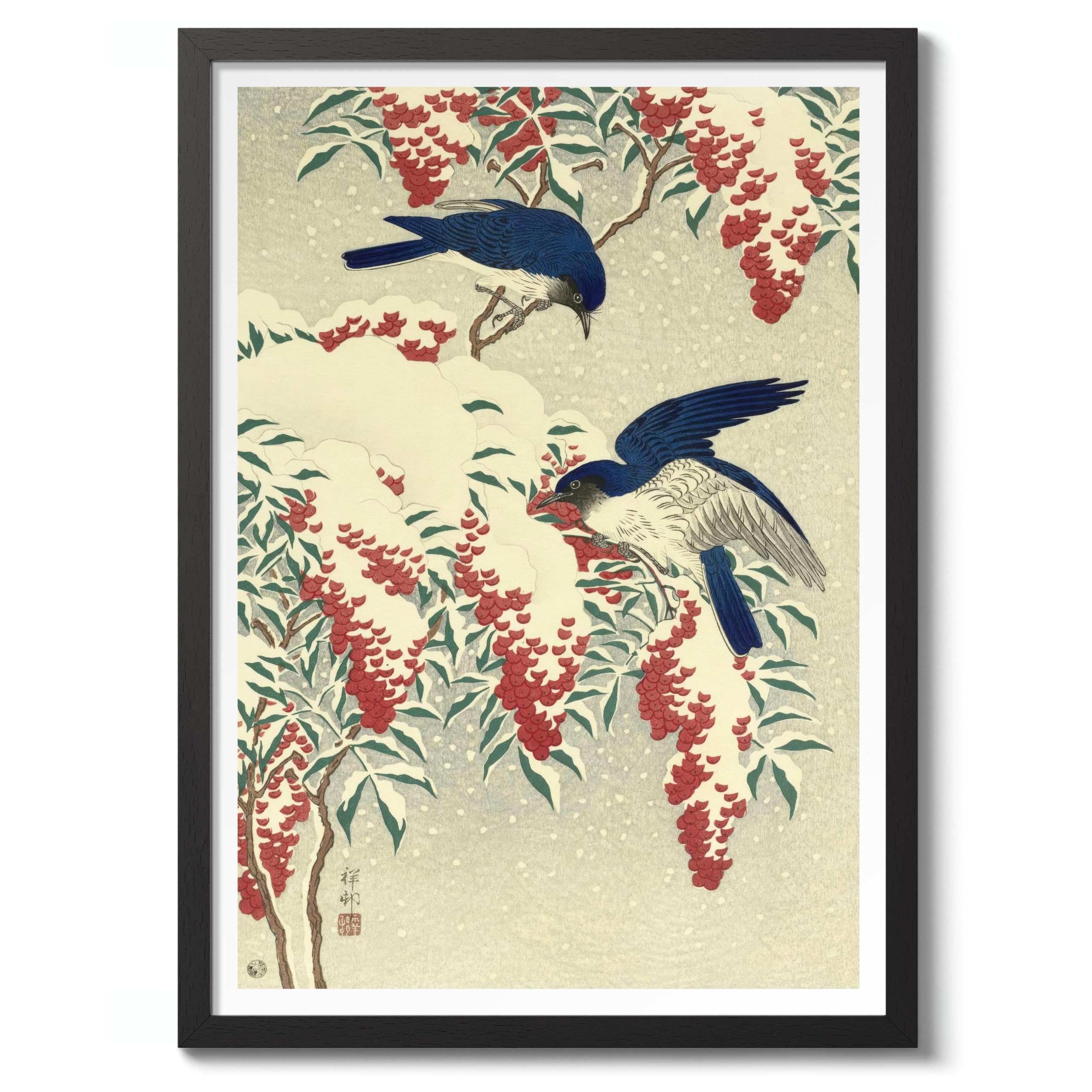 Flycatchers On A Nandina Bush Ohara Koson Poster, Japanese Woodblock Ukiyo-E Print, Vintage Bird Art Picture Animal Painting Wall Art, Japan Birds Home Decor, A3 (Black Frame) - 45x32.8cm