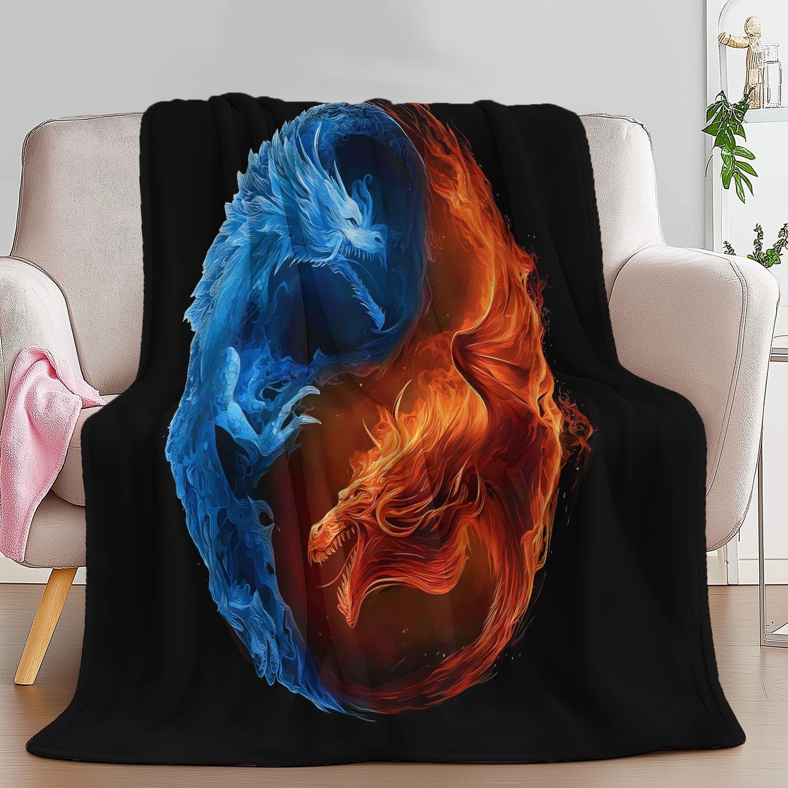 Koc polarowy, koc flanelowy z symbolem zwierzęcia Dragon Yin Yang, narzuta na sofę polarową, koc na łóżko 2-osobowe, gruby i ciepły pled wysokiej jakości, 220 x 240 cm, czarny