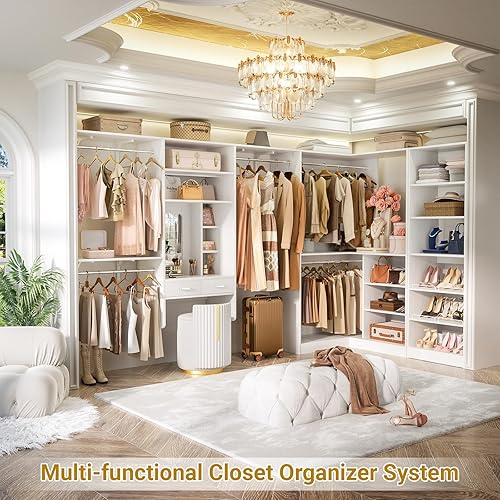 Miniatura 2 de Sistema de armario Unikito con escritorio de tocador, sistema organizador de esquina modular de 156" con varillas para colgar y estantes ajustables,