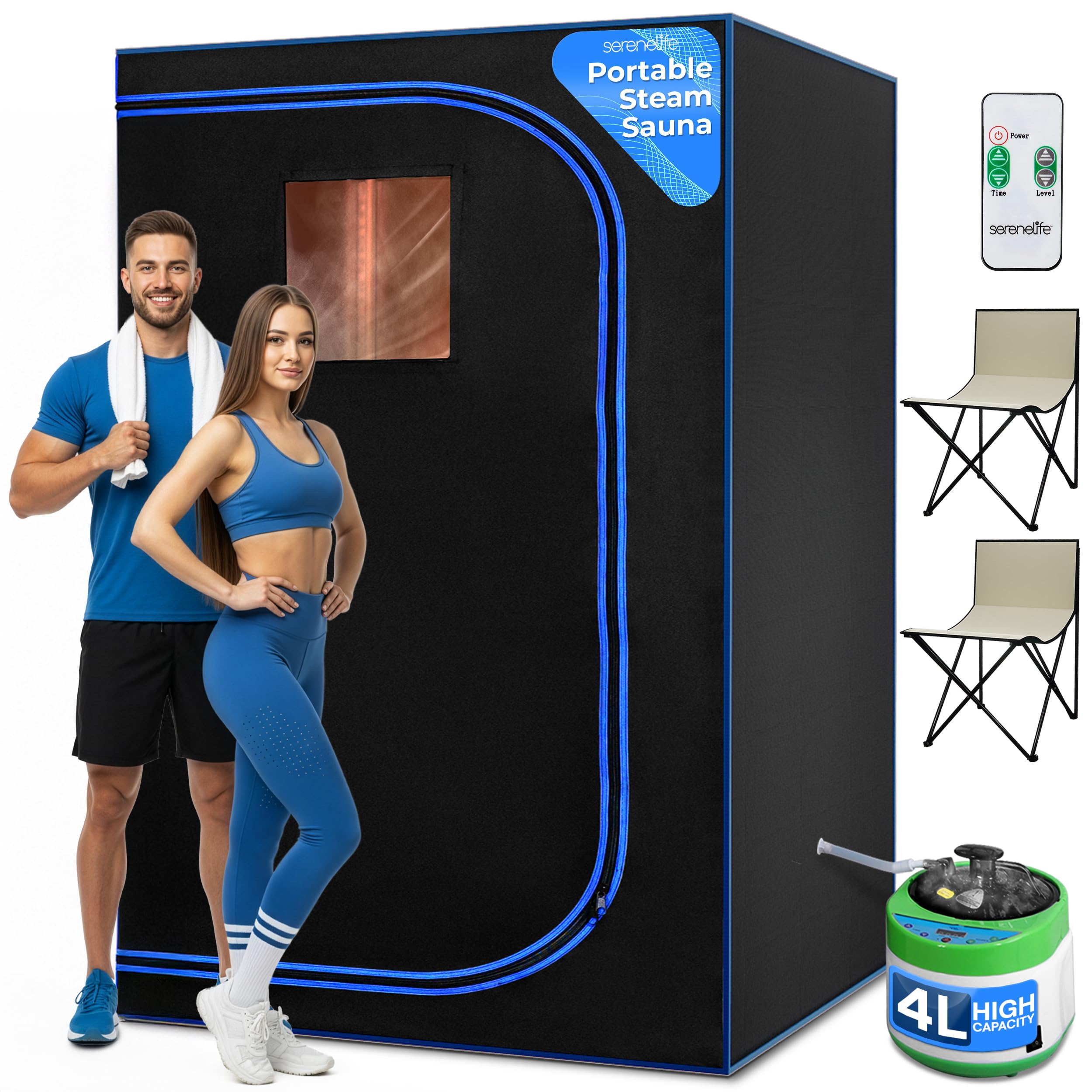 SereneLife 2-Person Steam Sauna Portable- Detoxify & Soothing Heated Body Therapy, Energy & Power-Efficient Design, Includes Folding Chair & Heated Foot Pad, for Couples (Black)