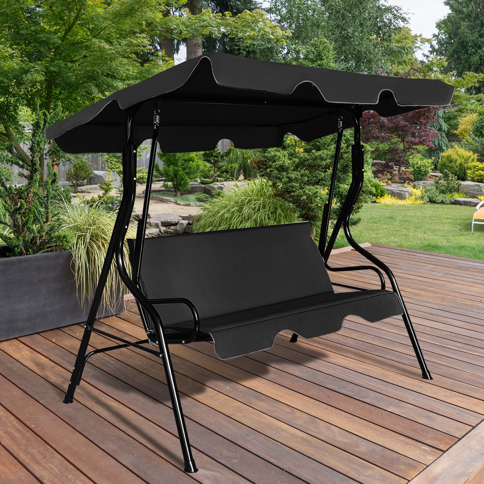 KOMFOTTEU Dondolo da Giardino 3 Posti, Dondolo da Esterno in Metallo con Tetto Parasole Regolabile e Schienale, Dondolo da Balcone, per Patio, Terrazzo, Balcone, 172 x 110 x 154 cm (Nero)