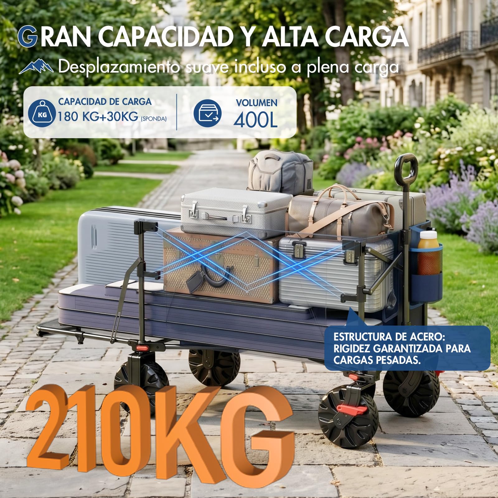 Portal Carro Playa Plegable XXL 400L – Carro Plegable de Playa con Ruedas Grandes y Portón Trasero Abatible, Capacidad 210 kg, con Freno – Vagón para Camping, Jardín y Festivales