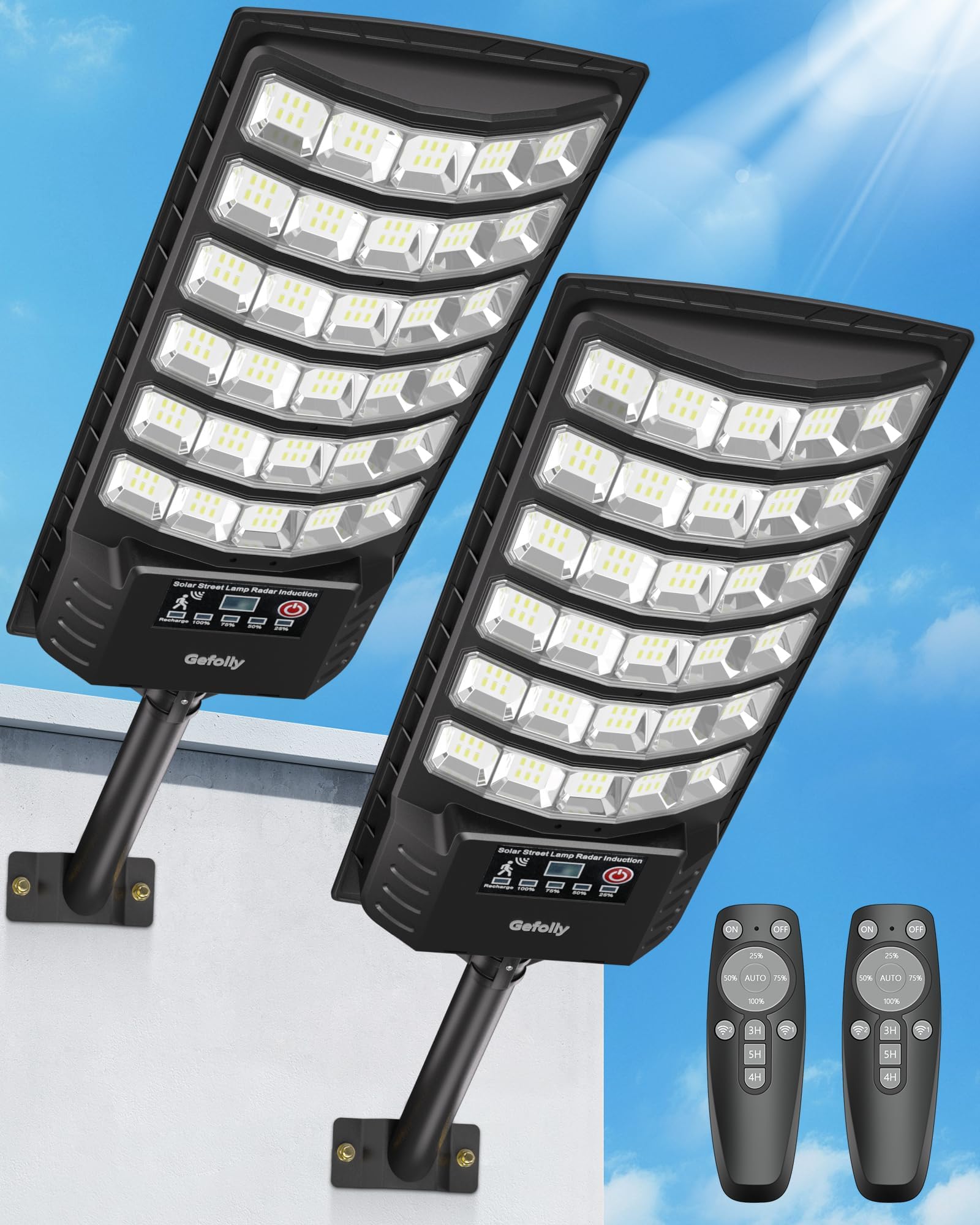 Gefolly Solar Straßenlaterne mit Fernbedienung, IP67 Wasserdichte Solarlampen für Außen mit Bewegungssensor, 6500K Solarleuchten Superhelles LED Solar Strahler Außen für Gärten Garage Straßen-2Pack