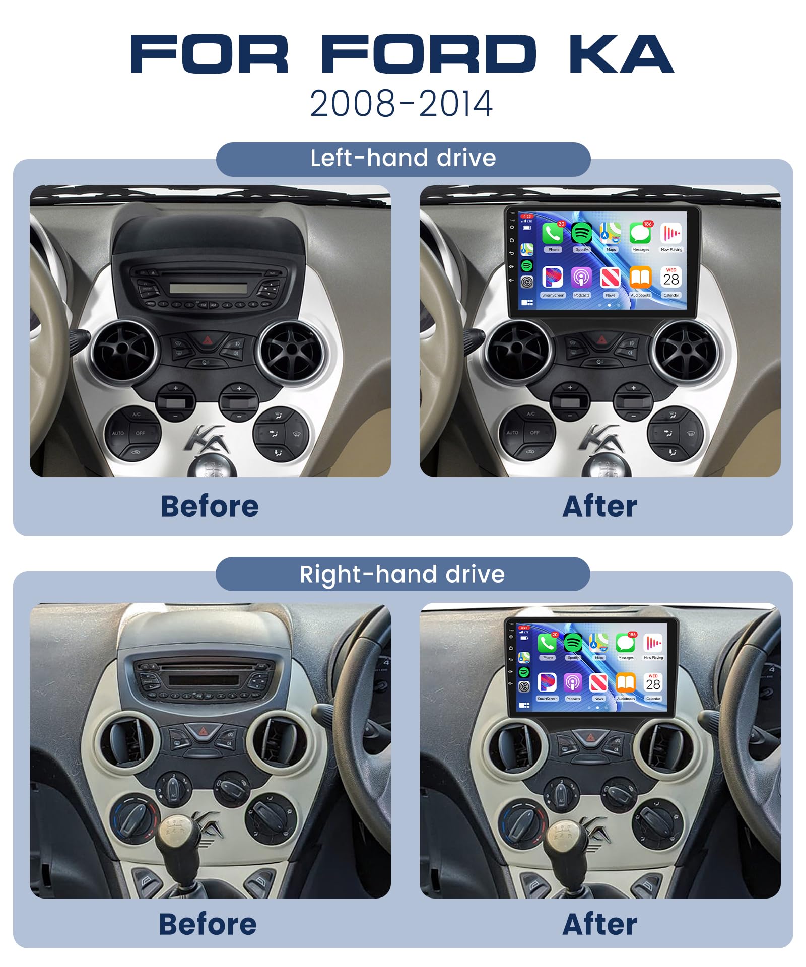Rimoody Autoradio per Ford Ka 2008-2014 Carplay Wireless, 9 Pollici Touchscreen IPS Radio 2 din con Android Auto, Mirror Link, Bluetooth, FM/RDS, DSP, Comandi al Volante Retrocamera