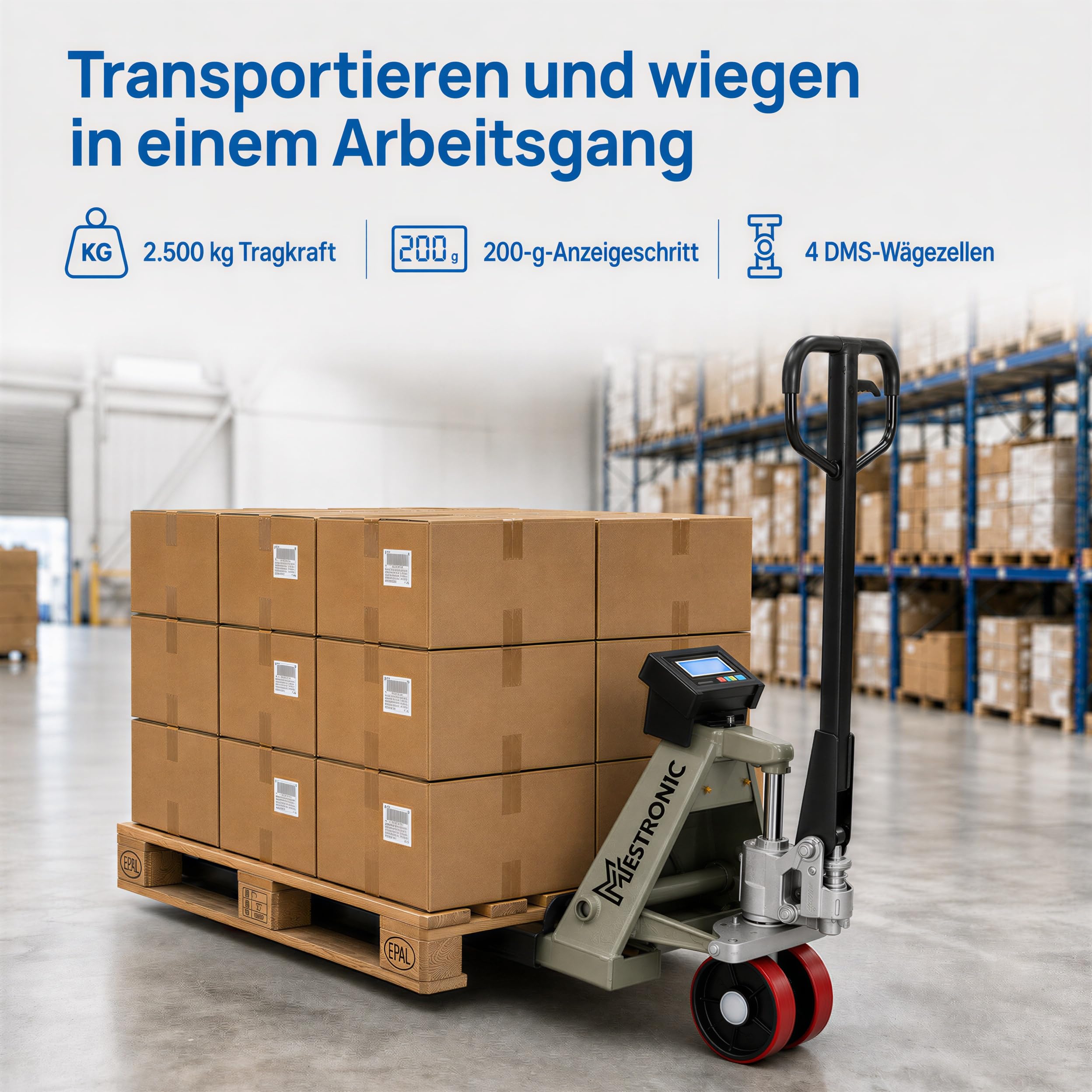 WKA Wiegehubwagen WH-2500 Plus, 2500 kg, 200 g, Hubwagen mit Waage | 2.500 kg Tragkraft, 200-g-Anzeigeschritt, 4 DMS-Wägezellen, Akku, LCD, Tara, Summieren, PU-Tandemrollen