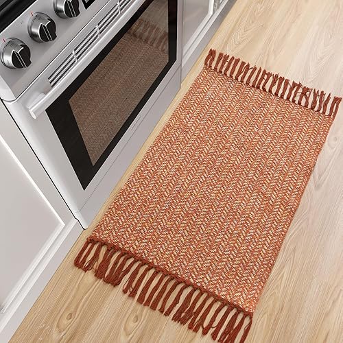 Miniatura 7 de Lahome Alfombra de cocina bohemia, alfombra de baño ligera de 2 x 3 pulgadas, para interiores, para entrada, alfombra pequeña de algodón con borlas,