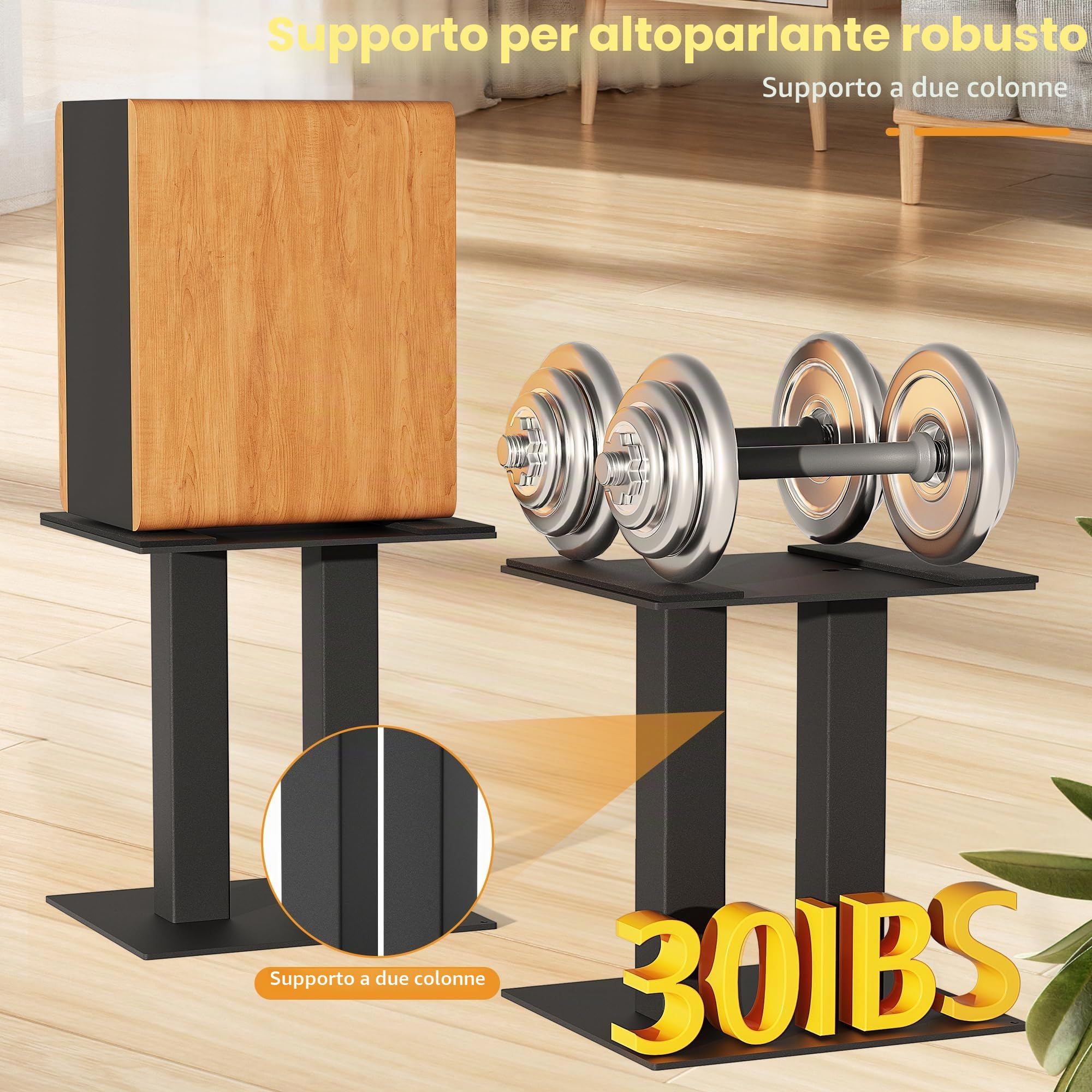 OUUTMEE Supporto audio per desktop, altezza 25 cm, in metallo, con strisce in gomma antiscivolo e ammortizzanti, nero, coppia (grande)