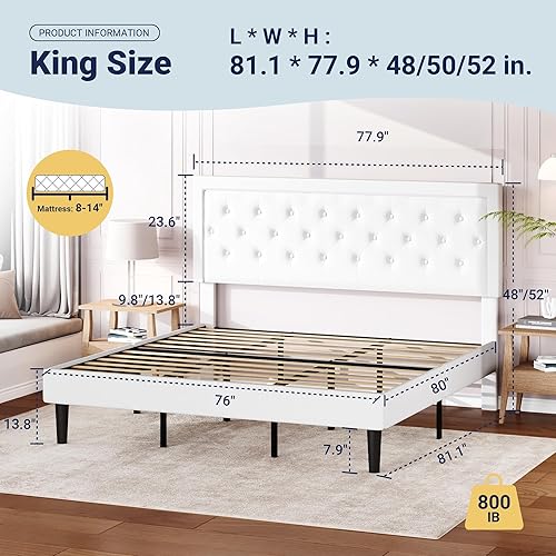 Miniatura 11 de Allewie - Base de cama copetuda, tamaño Matrimonial, con plataforma, tapizado de tela, con botones y cabecera ajustable, soporte con rejilla de Gris