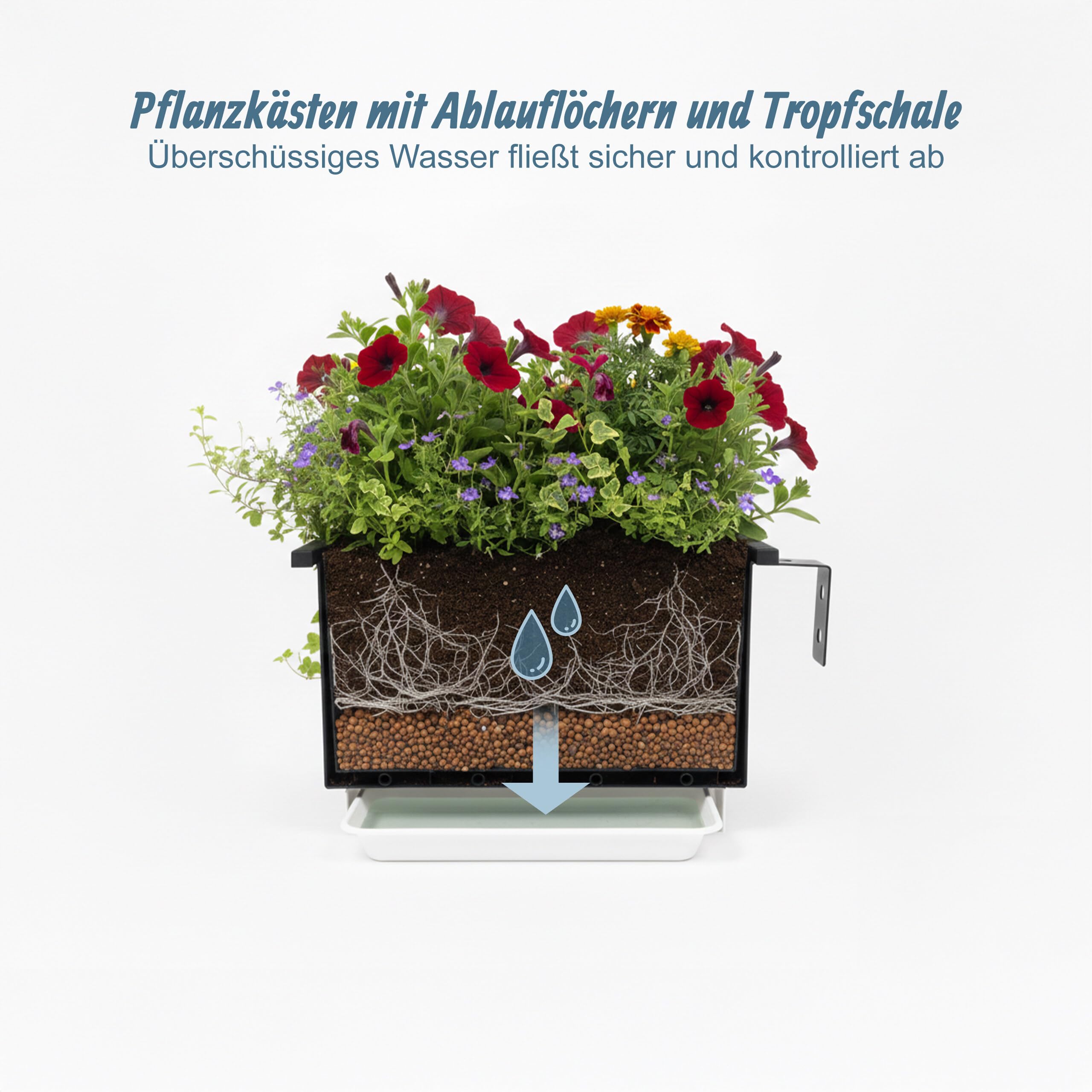 Relaxdays Balkonkasten 2er Set, für Geländer, HBT: 17x50x19 cm, Blumenkasten mit Drainage & Schale, Stahl, anthrazit
