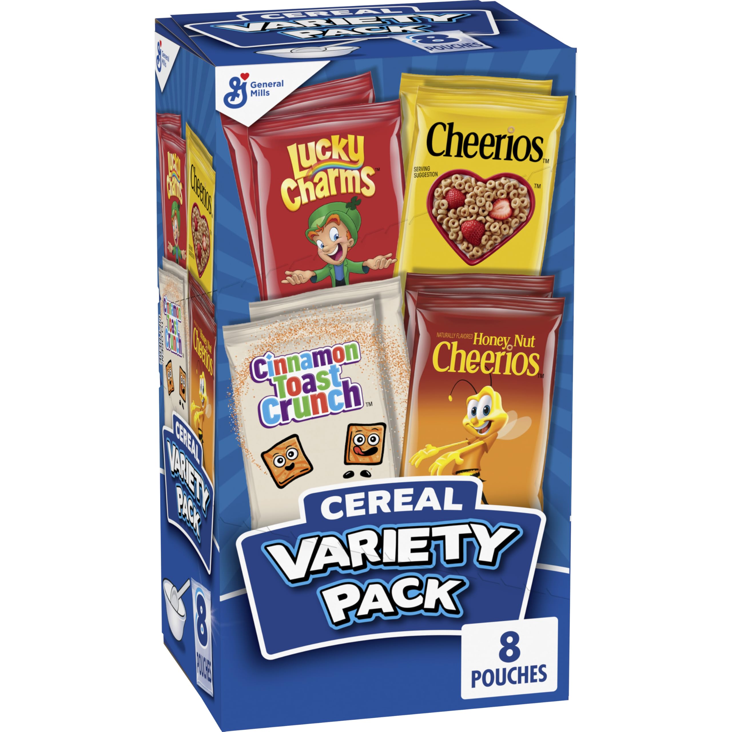 Breakfast Cereal Variety Pack, Lucky Charms, Cinnamon Toast Crunch, Cheerios, and Honey Nut Cheerios, 8 Pouches, 9.14 oz