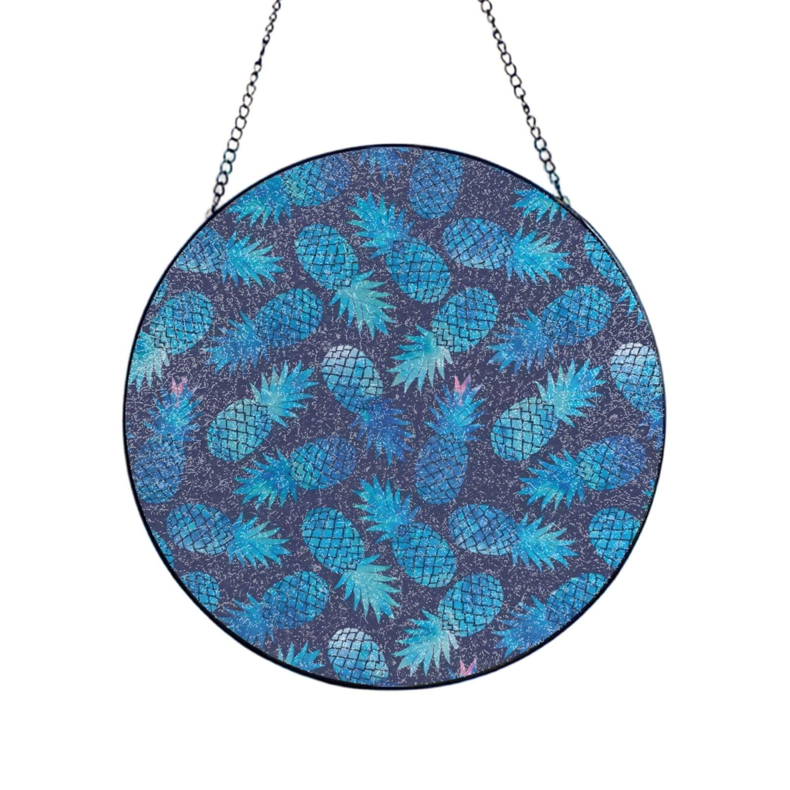 Phayah Blue Pineapple Print Glass Window Hanging Round Suncatcher Glass Ornament Garden Wall Fence Decorations Indoor Outdoor 12in（30cm）