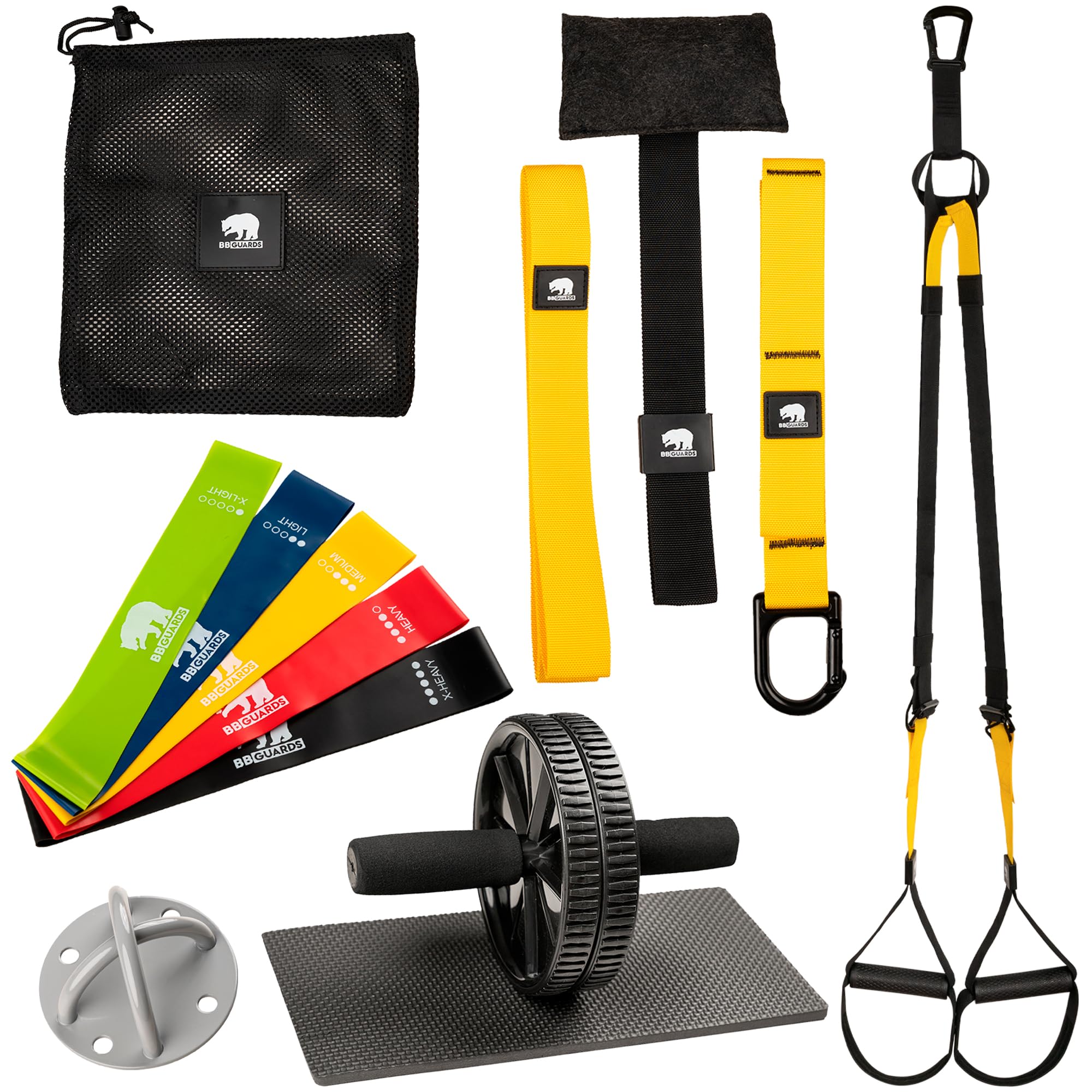 Sangles de suspension (fixation murale et de porte incluse), roulette abdominaux et bande élastique musculation. Appareil de musculation avec roue abdominale, bande élastique et sangle suspension