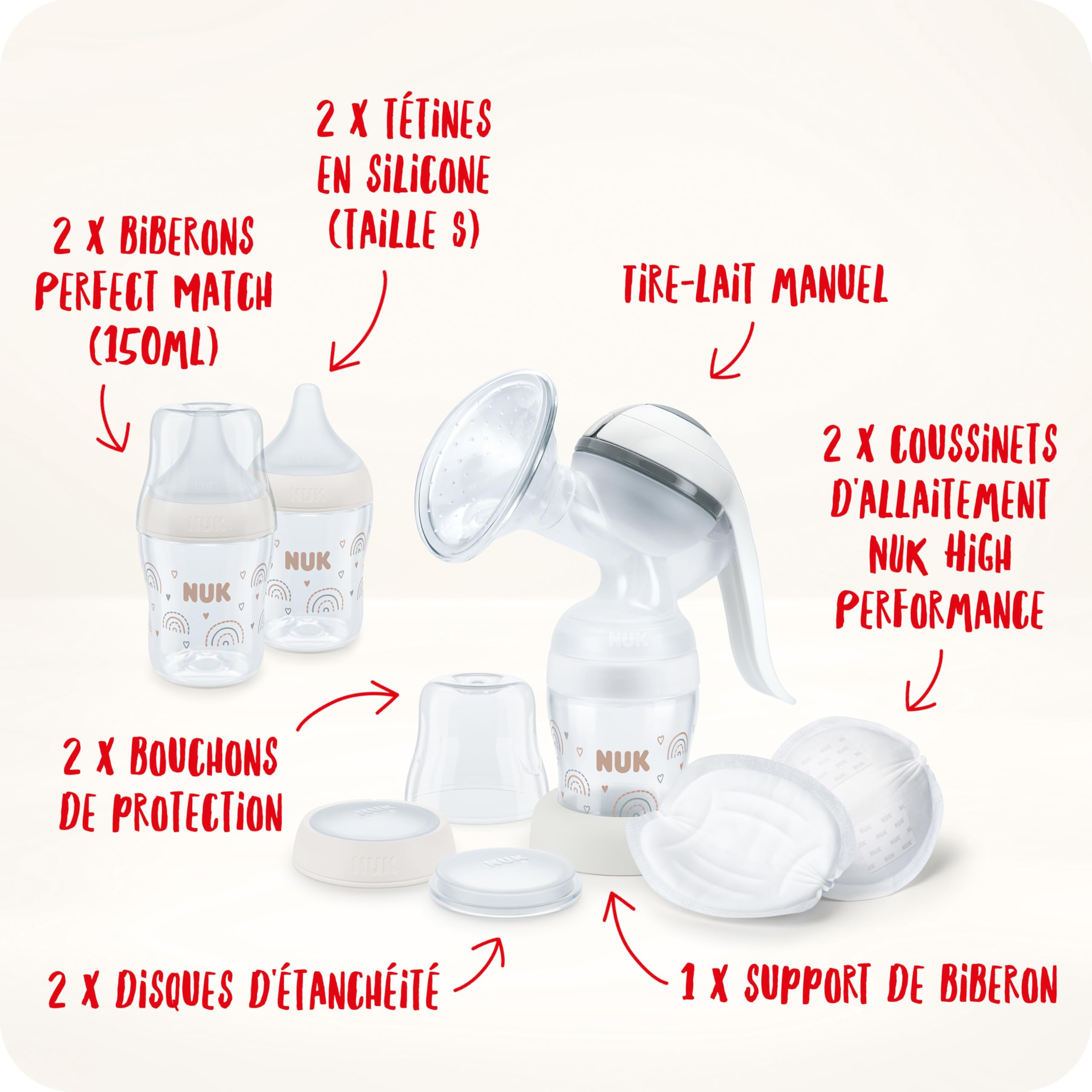 Kit tire-lait manuel NUK | Coussinet en silicone souple | Levier ergonomique | 2 biberons Perfect Match | 150 ml | 2 pads jetables haute performance NUK