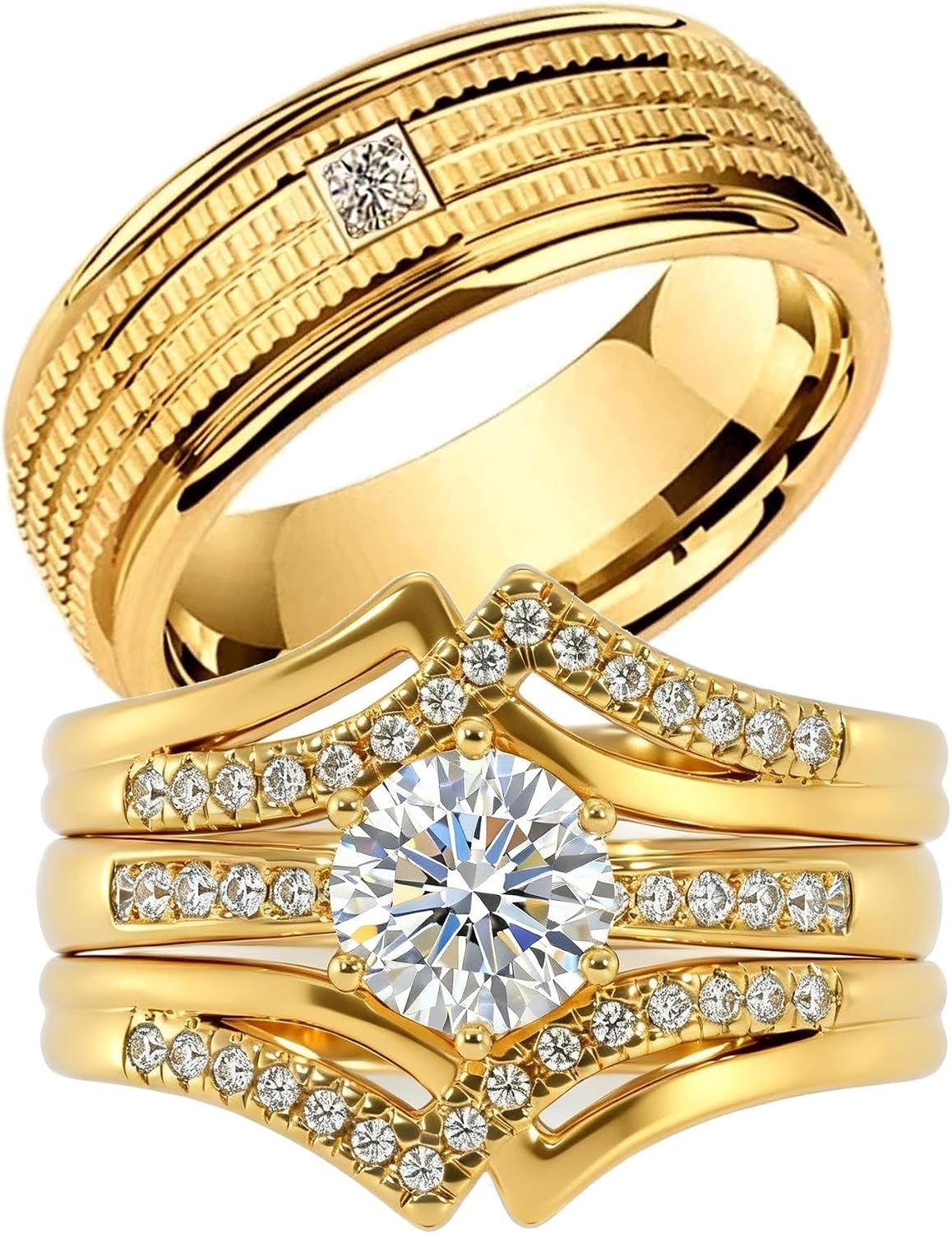 Couple Ring Bridal Set His And Hers Women 10k Yellow Gold Plated Round CZ Men Titanium Band Wedding Ring Band Set