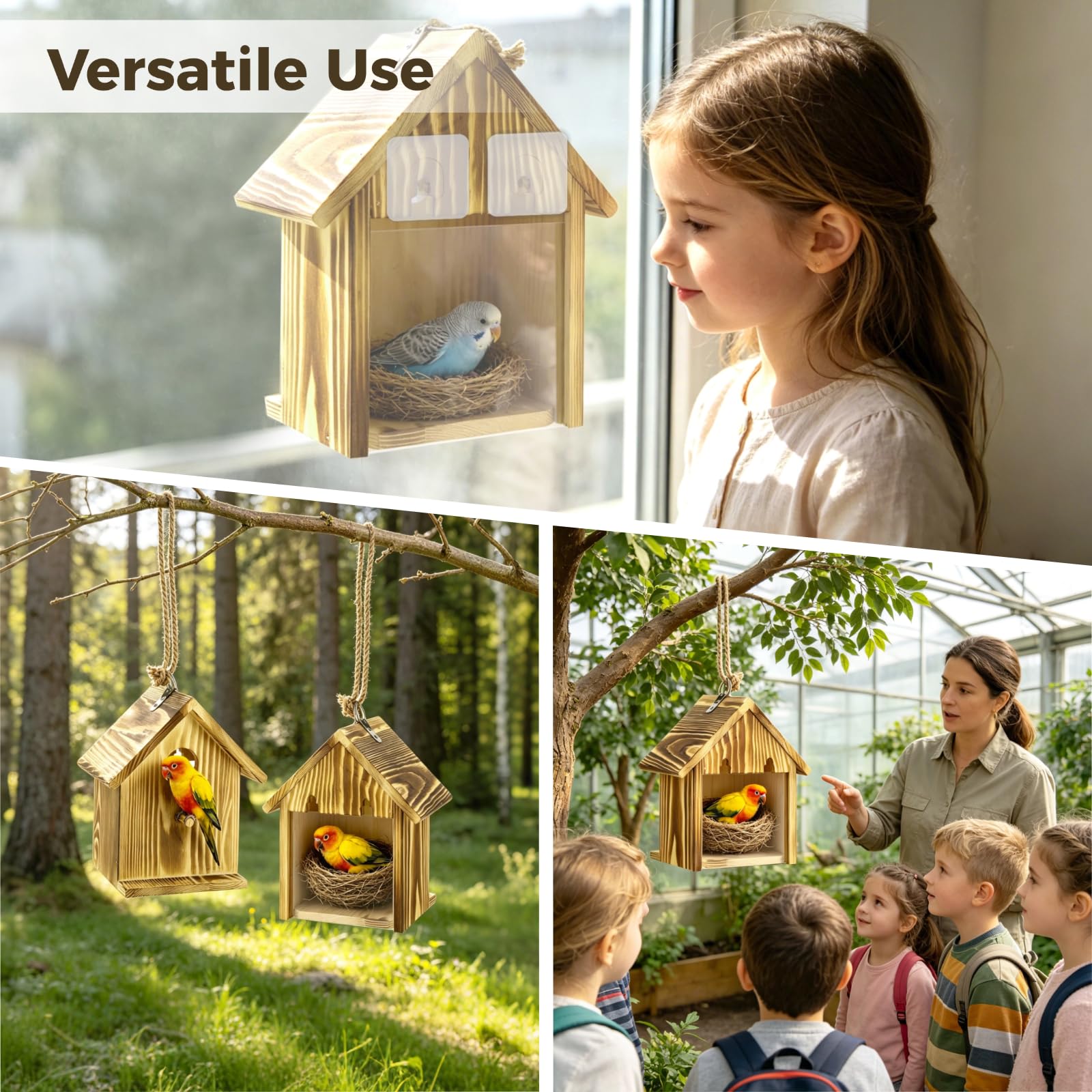 2 STK. Vogelhäuser aus Holz mit 4 Haken, 6,8 x 4,9 x 8,3 Zoll, mit transparentem Fenster und Sitzstange, Nistkasten für Blauvogel, Fink und Meise