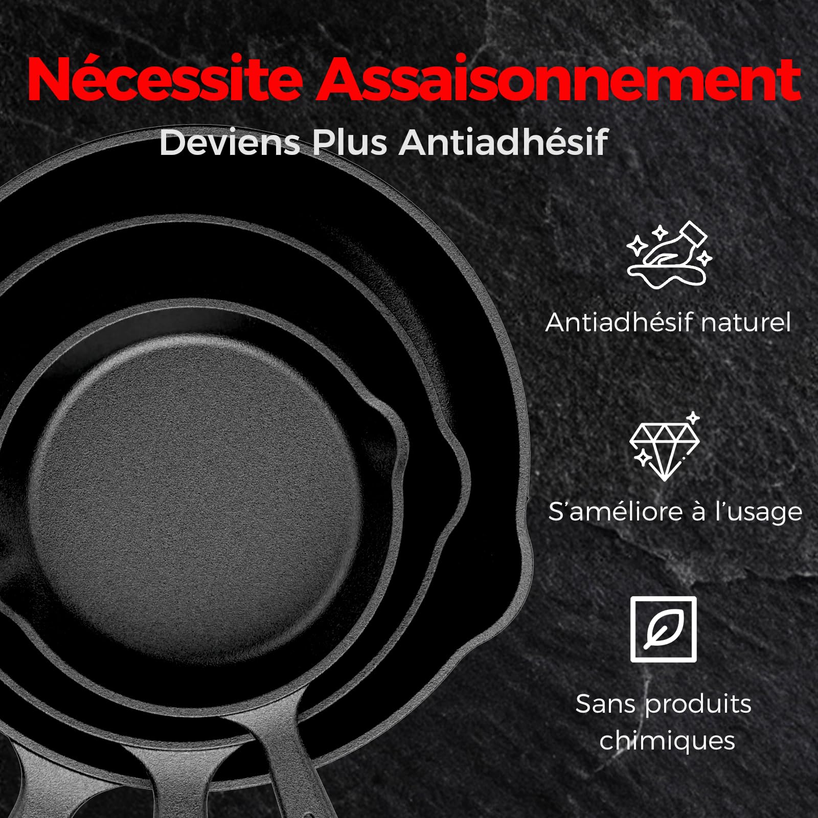 YASHE Ensemble de 3 poêles en fonte, poêles à frire robustes et durables, à culotter avant usage, compatibles tous feux dont induction, tailles 16 cm, 20 cm et 26 cm, Noir