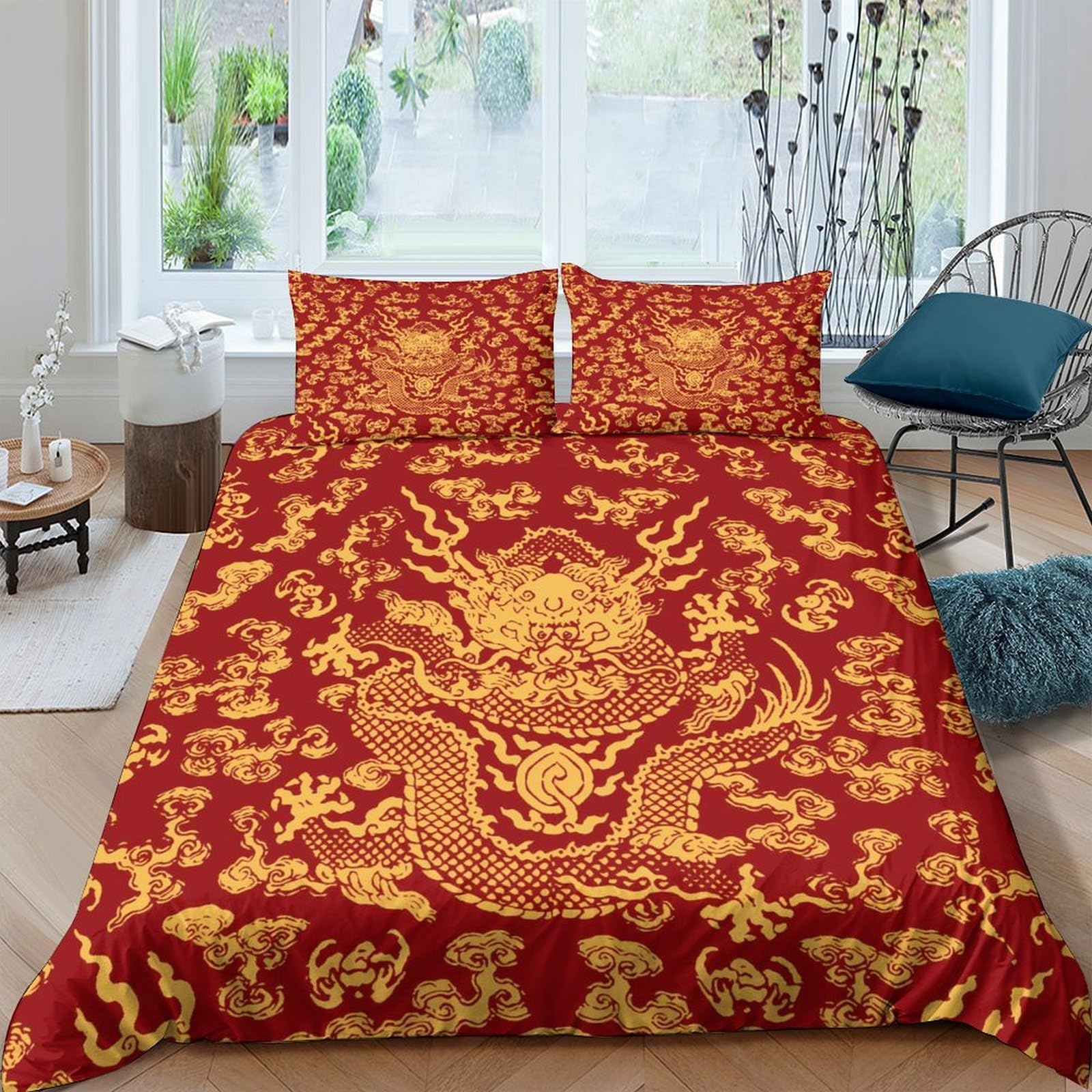 Ctjqhvkz Style-9 3D Printed Red Gold Dragon Fitted Sheet Microfiber Anti-Slip Chinese Pattern Bed Cover For Bedroom Guestroom Decor Single（135X200cm）